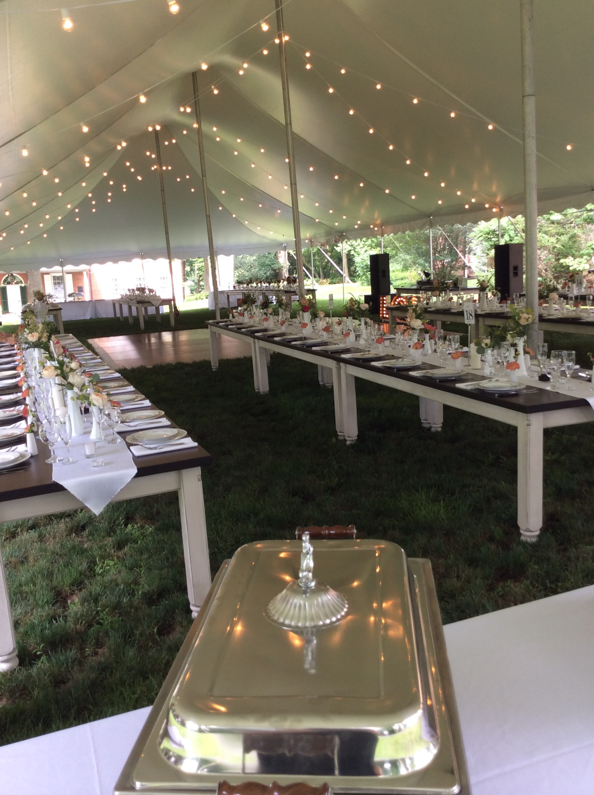 Wedding reception with farm tables