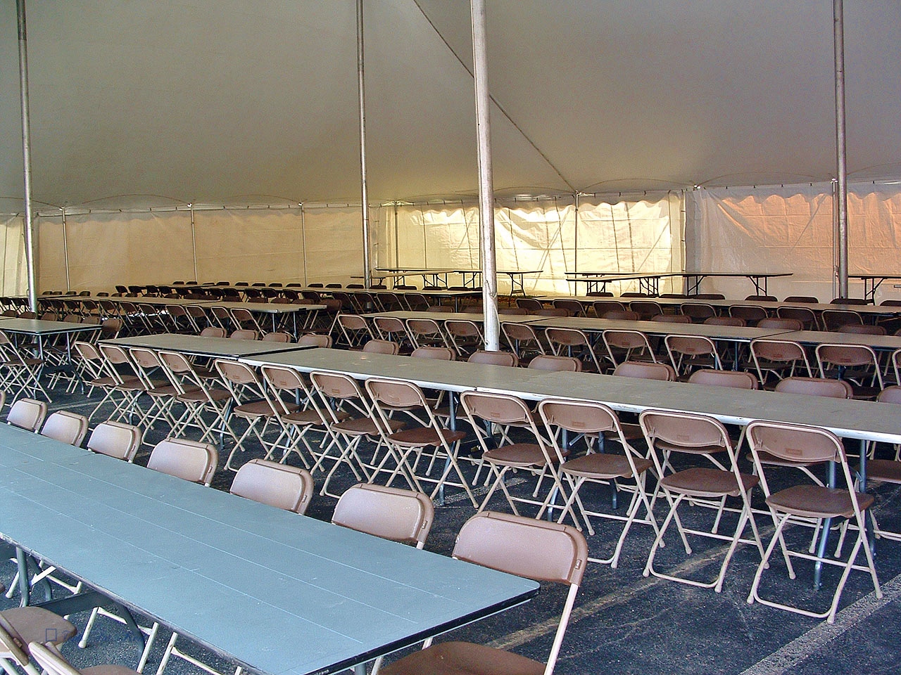 Tables and chairs for disaster response dining hall
