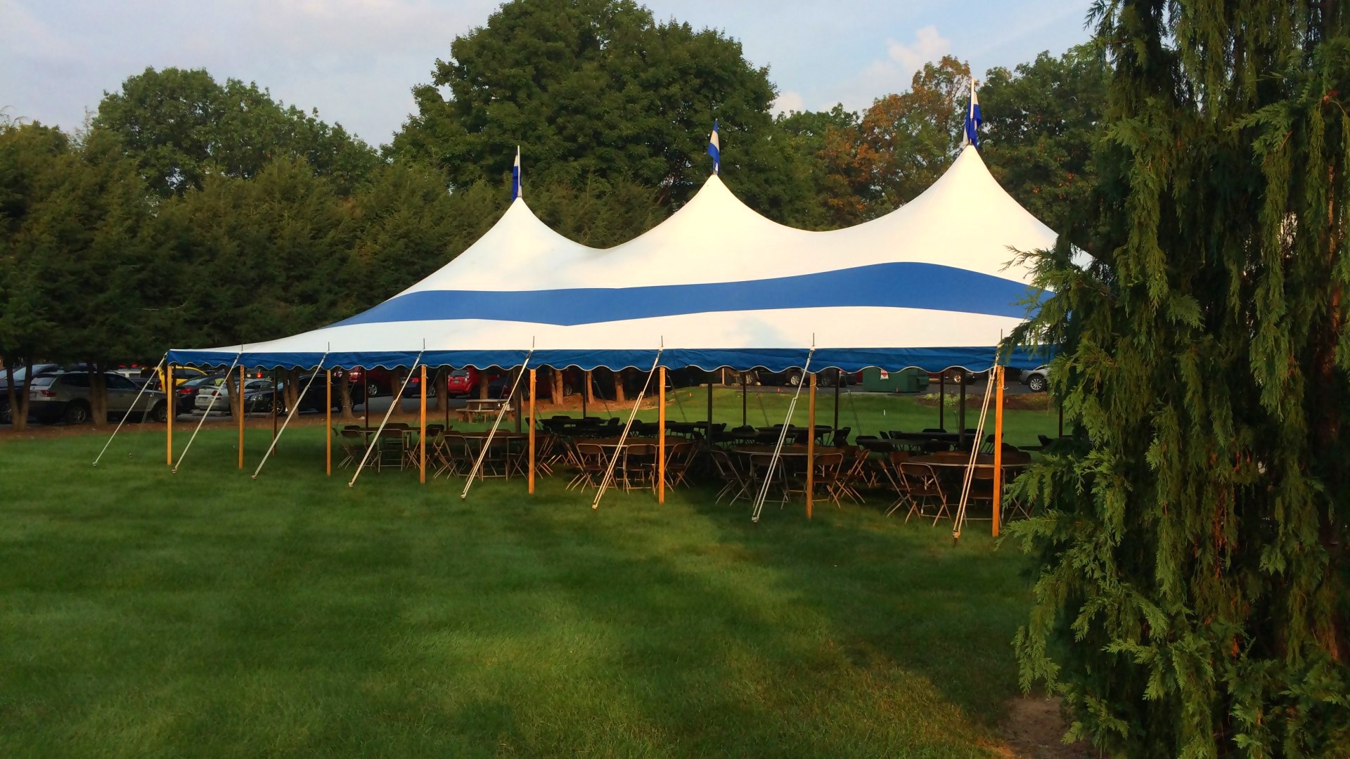 Large, blue party tent in State College, PA