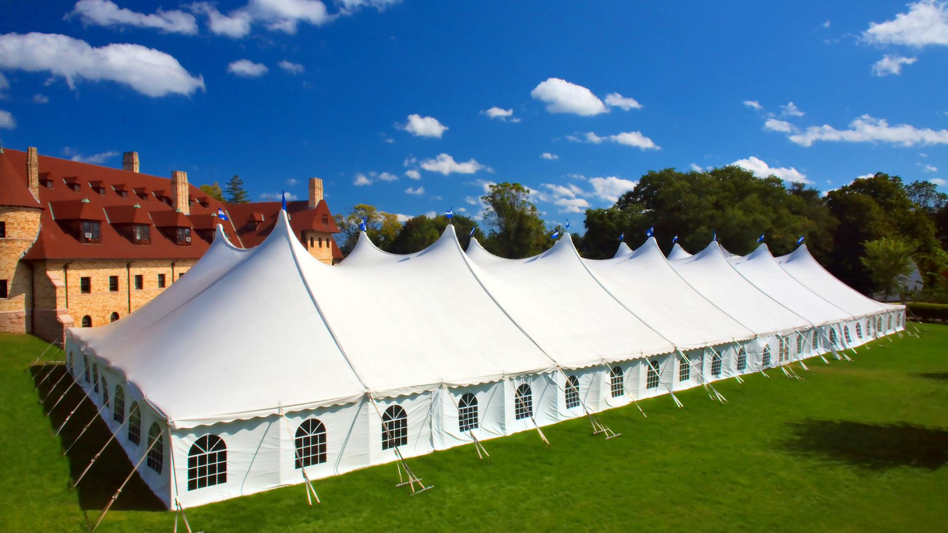 Large white pole tent with Cathedral window sidewalls in Pittsburgh, PA