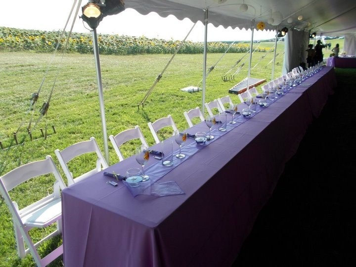 Long tables and white padding folding chairs for your wedding reception under the tent