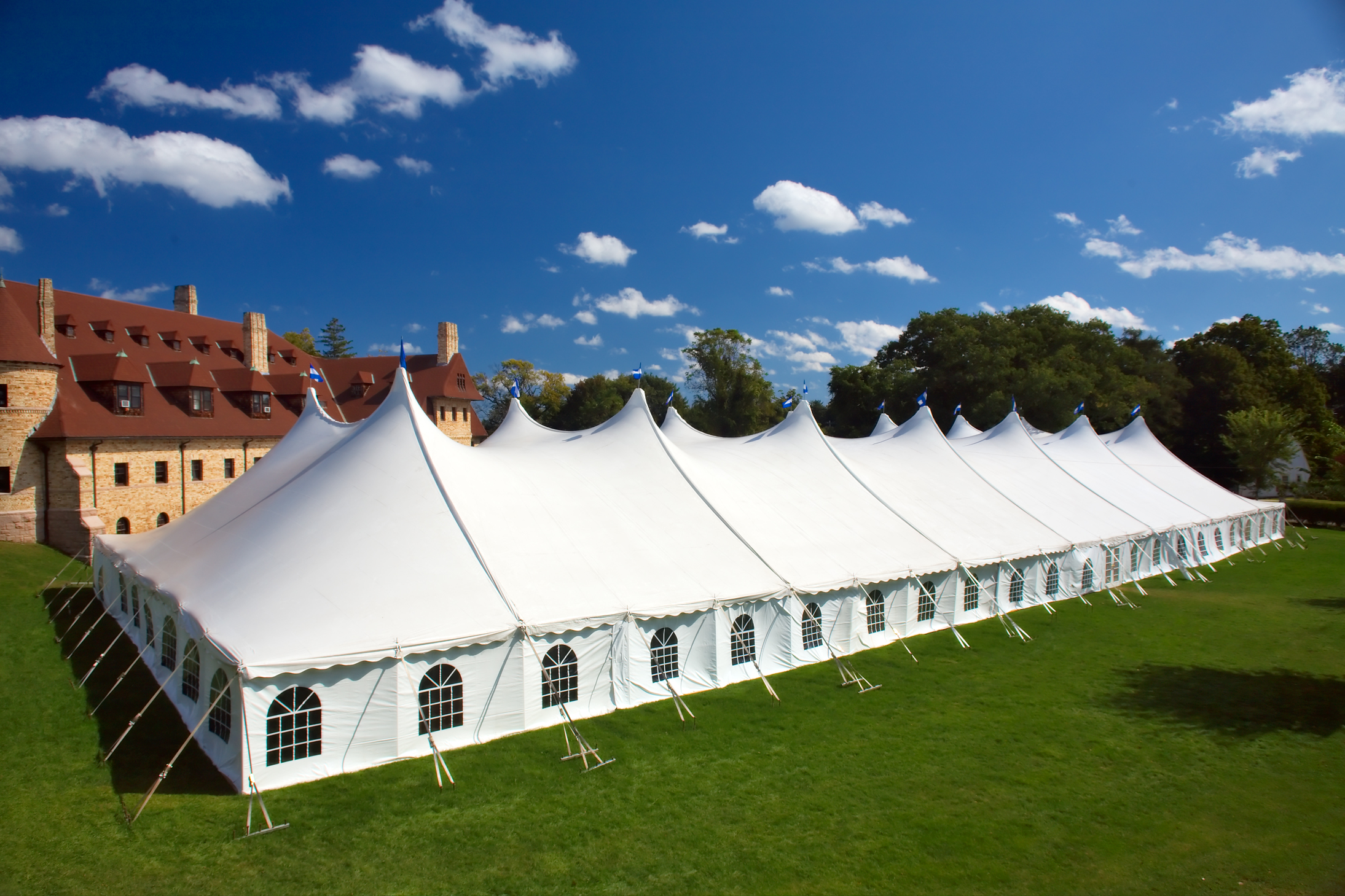 Large white tent with cathedral window sidewalls for rent in Cherry Hill, NJ
