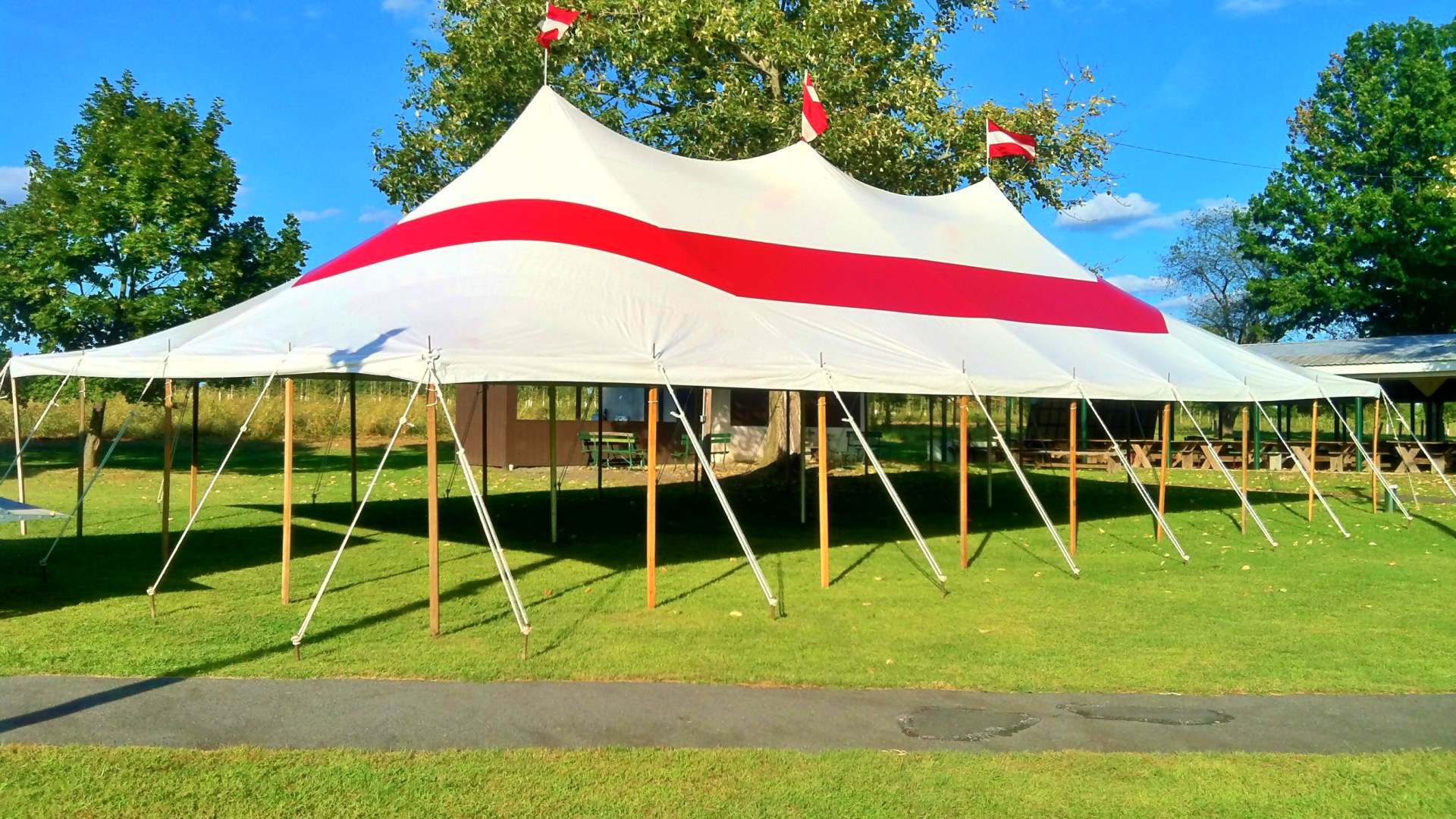 Nice red stripe party tent for rent in Radnor, PA