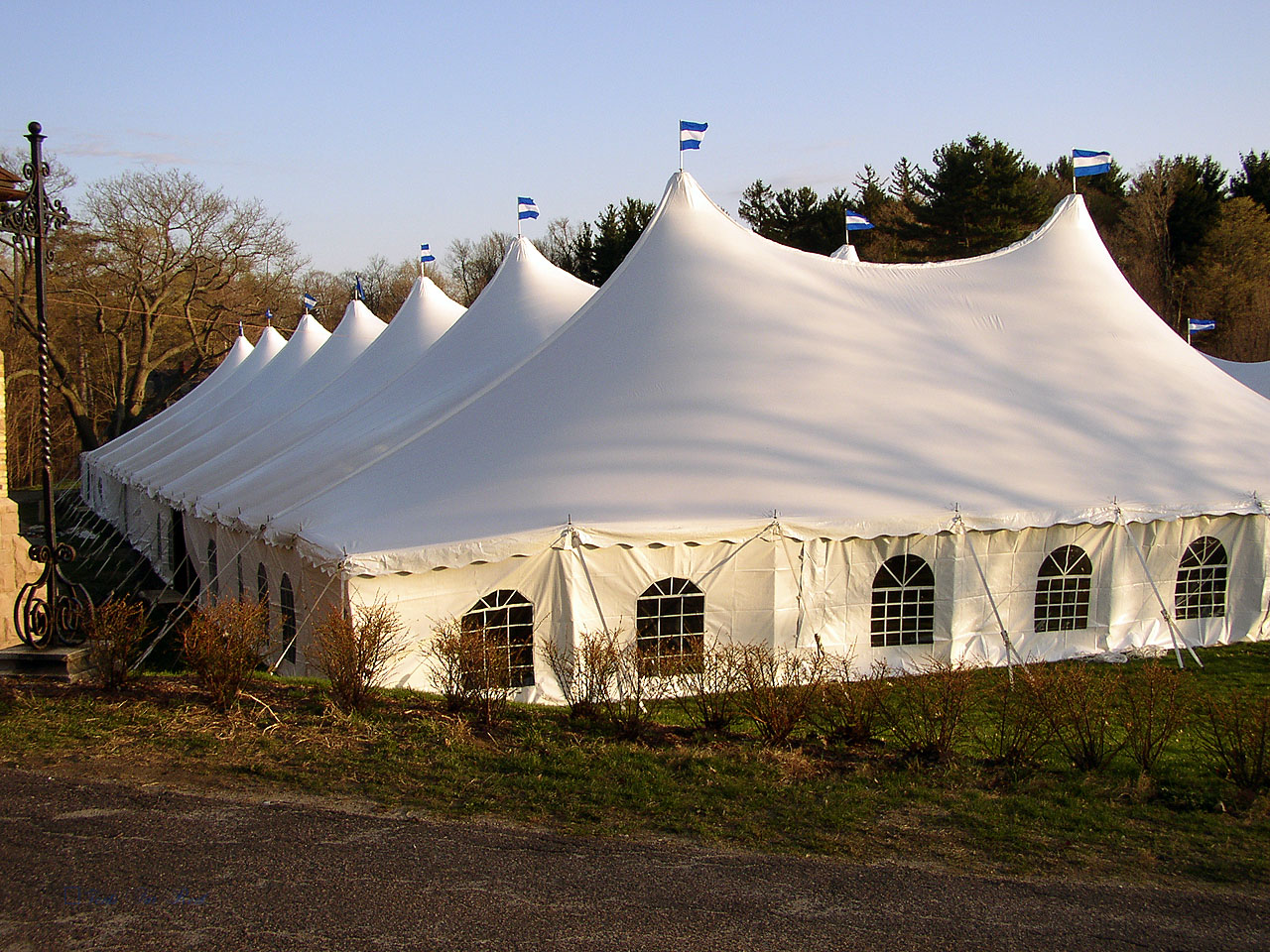 Large white tent with cathedral window sidewalls for rent in Palmyra, PA