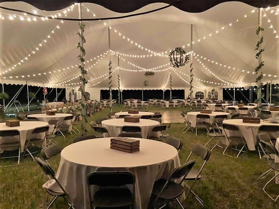 Wedding tent with cafe lighting