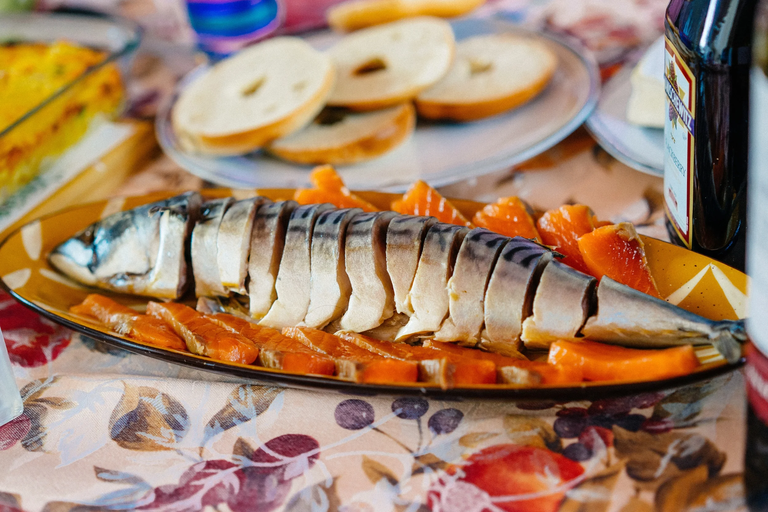 The salmon was cured by my grandma who rubbed a generous amount of salt on the fish. She then pressed the salmon between two plates for about 8 hours. It was delicious. 