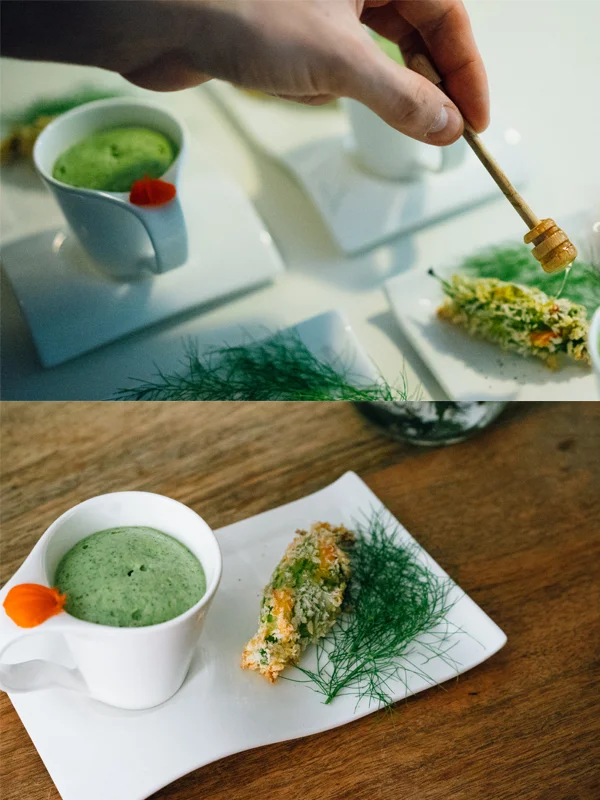 First Course: Whipped Summer Mint Soup with White Cucumber, Skyr, and Parsley accompanied with a Baked Summer Squash Stuffed with Goat's Milk Ricotta and Thyme.