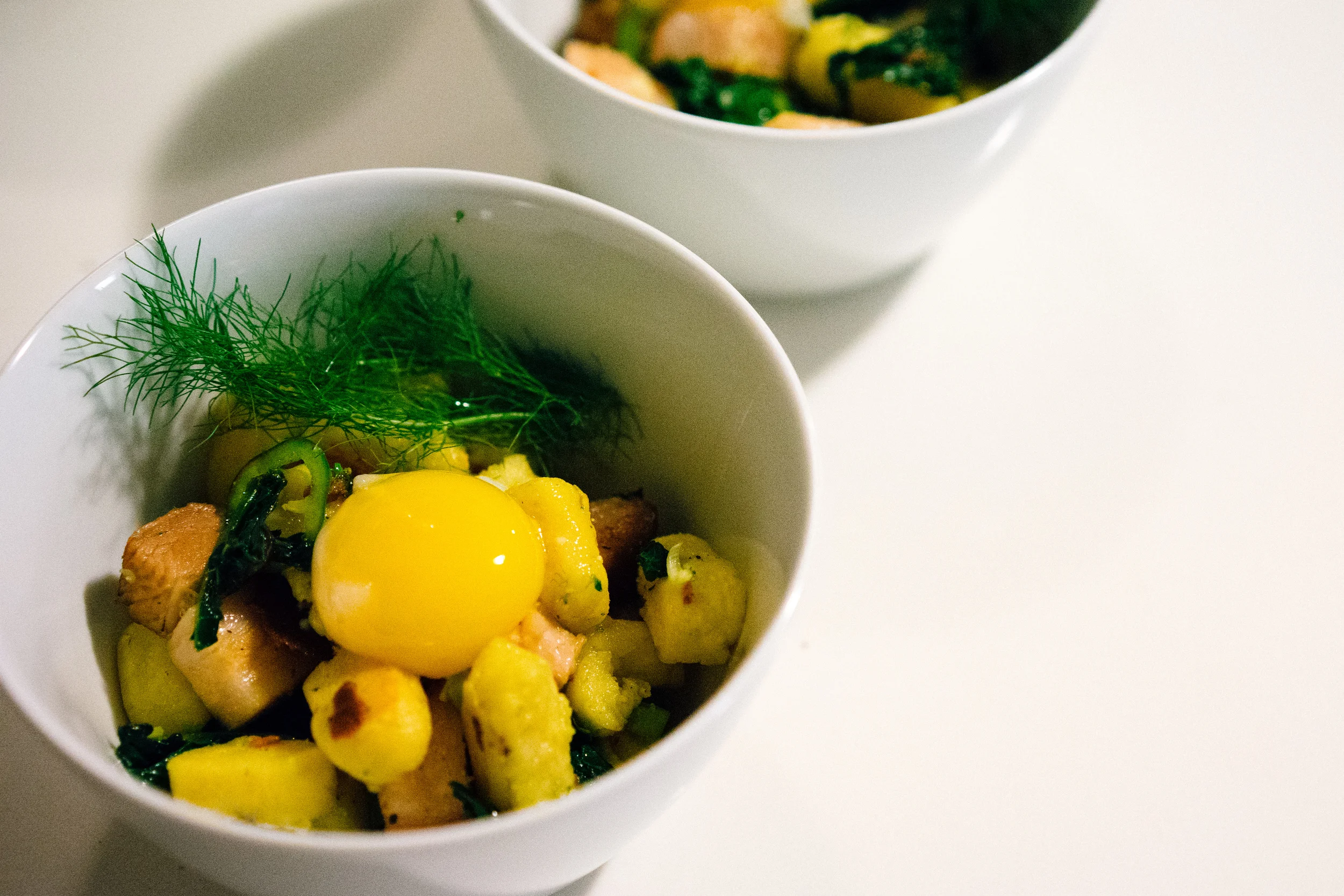 Third Course: Pan Fried Gnocchi with Sous Vide Pork Belly, Broccoli Rabe, and Egg Yolk