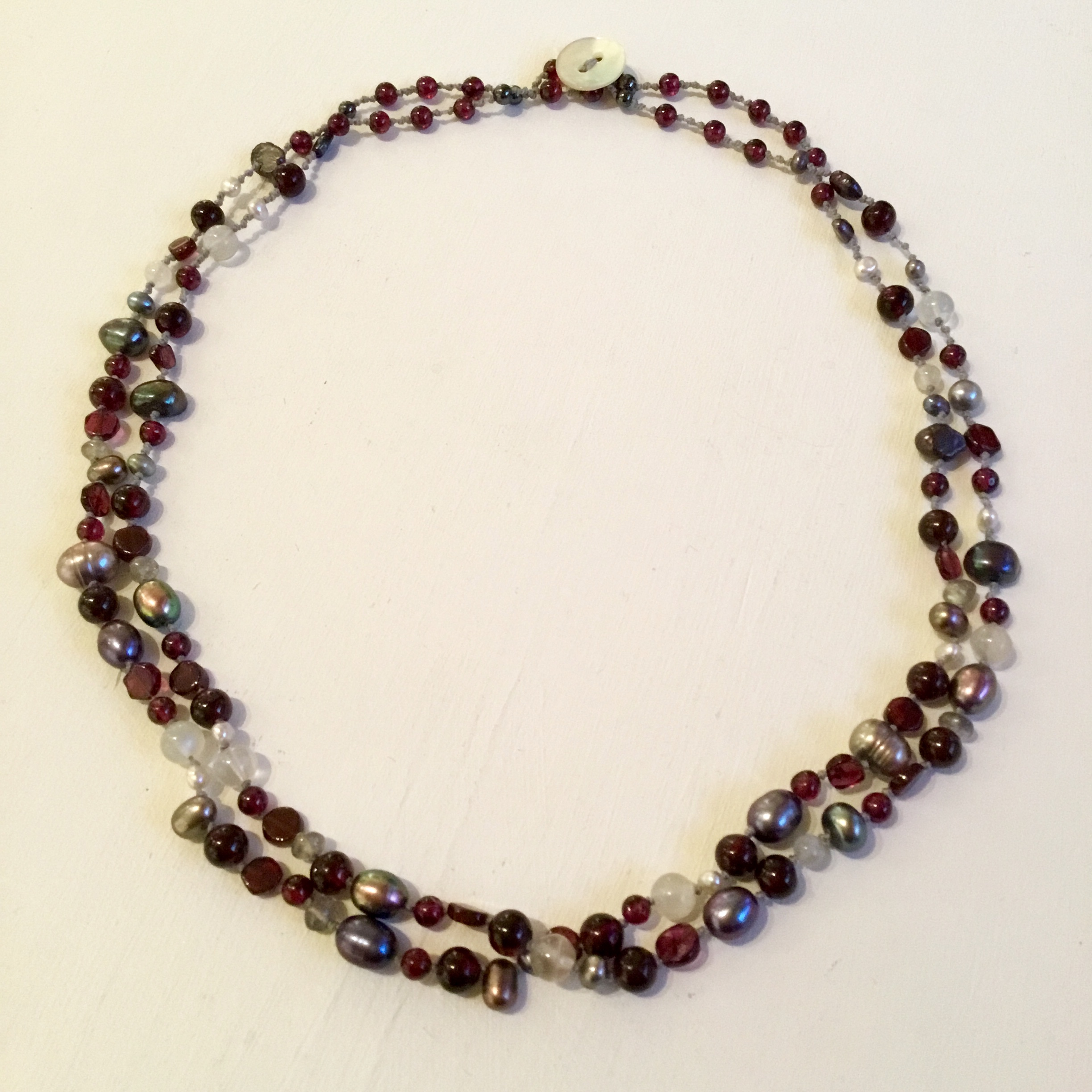 Two strand garnet, moonstone &amp; pearls necklace 18”
