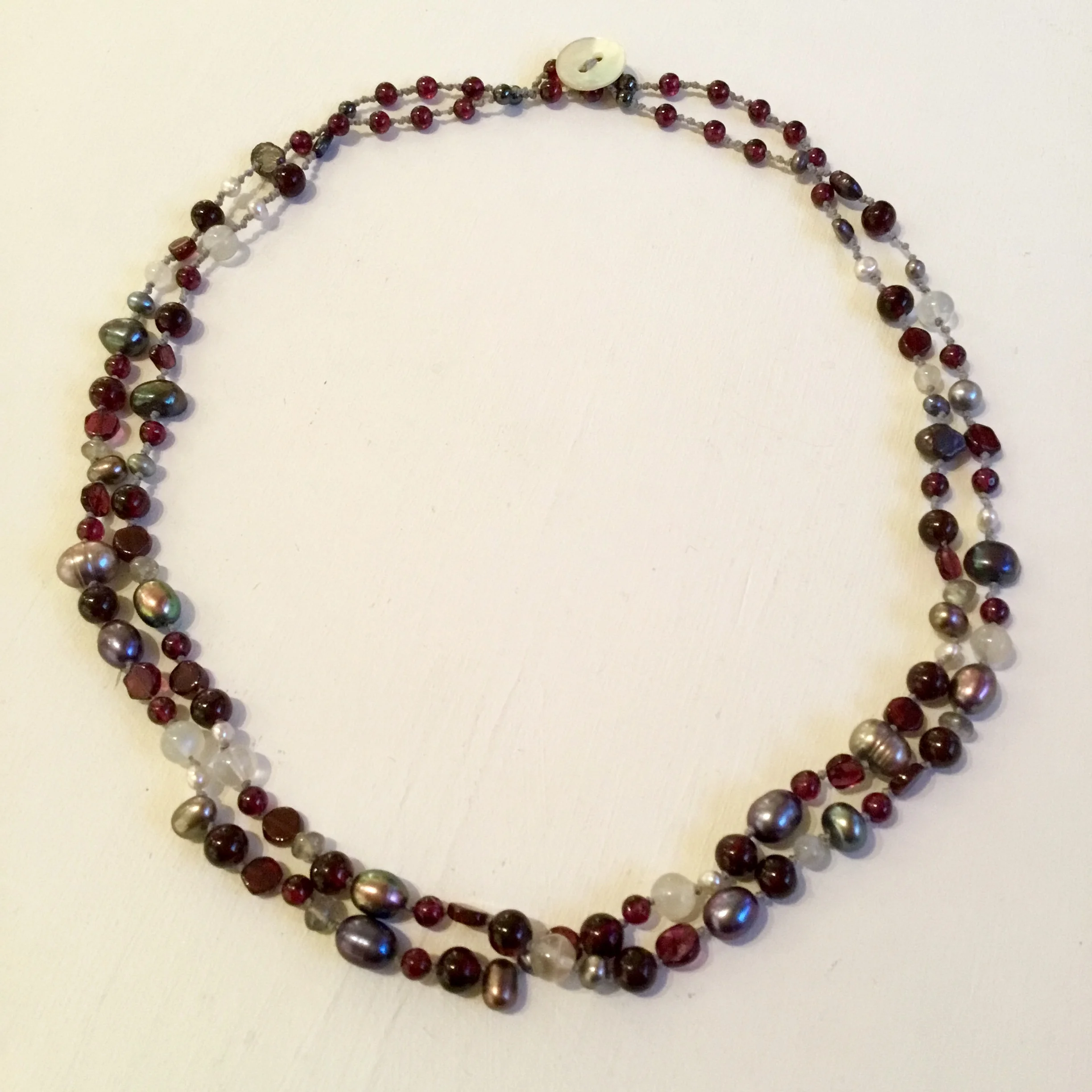 Two strand garnet, moonstone & pearls necklace 18”