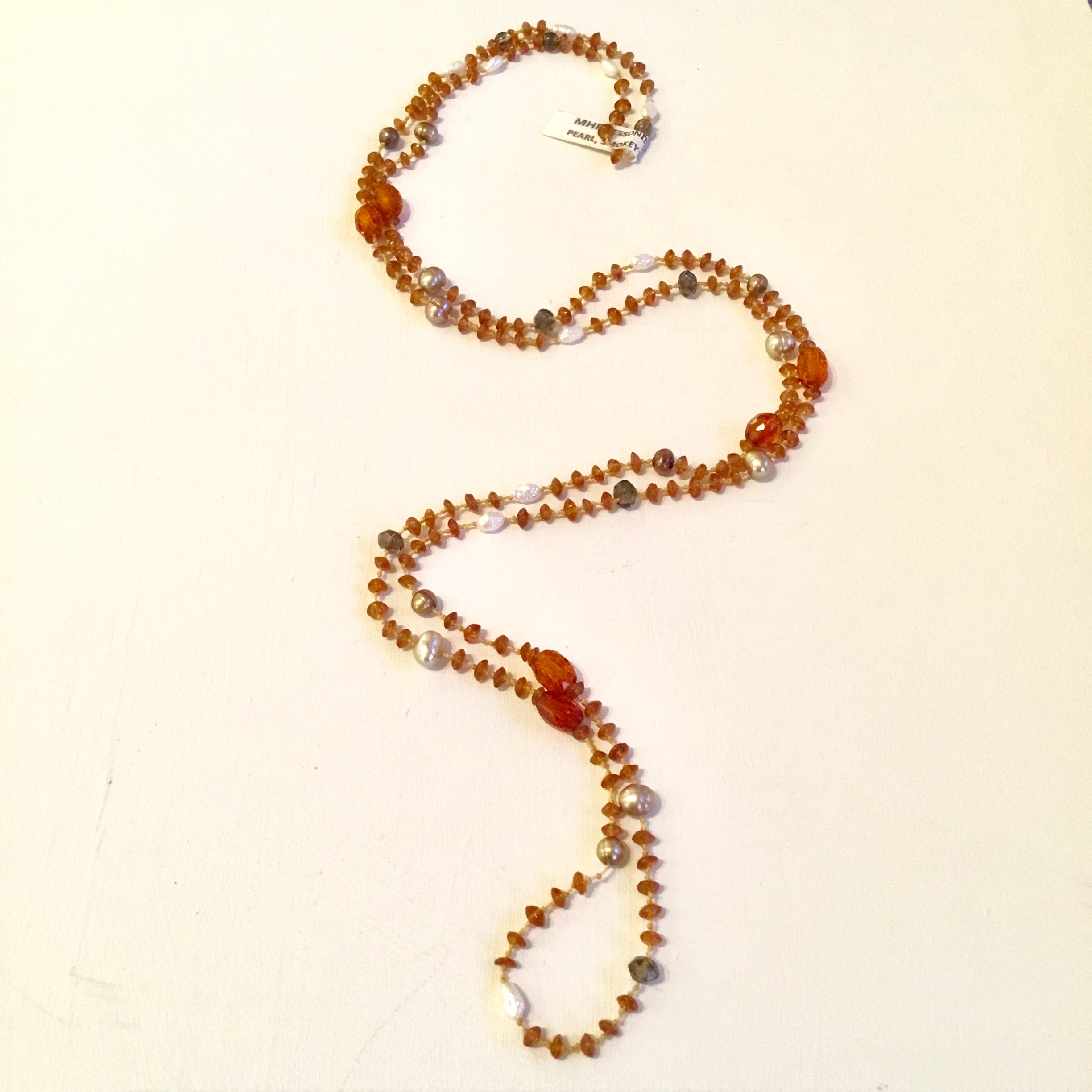 Hessonite garnet, amber &amp; pearl necklace 39”