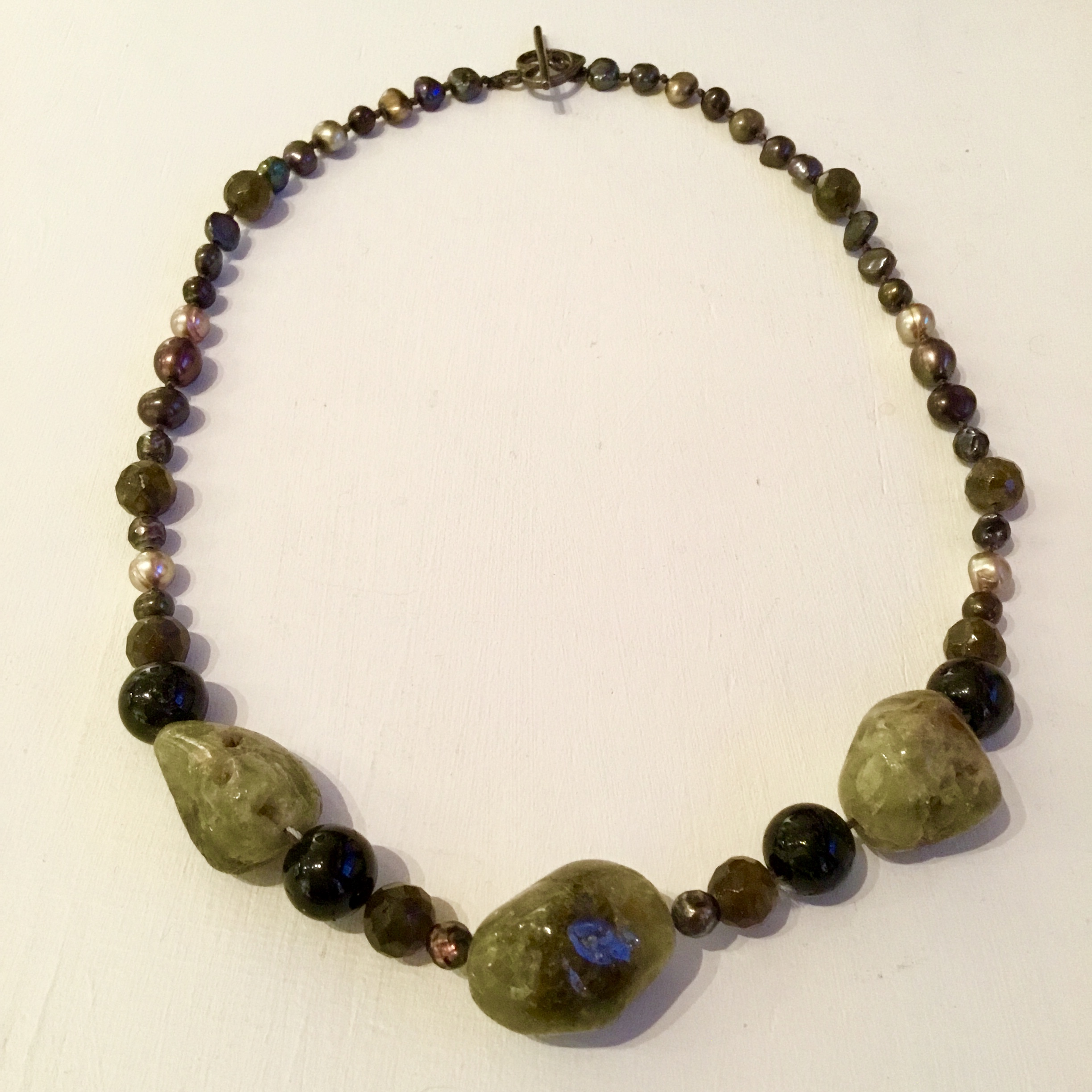 Green garnet, black tourmaline, labradorite &amp; pearl necklace with sterling silver clasp 17 1/2”