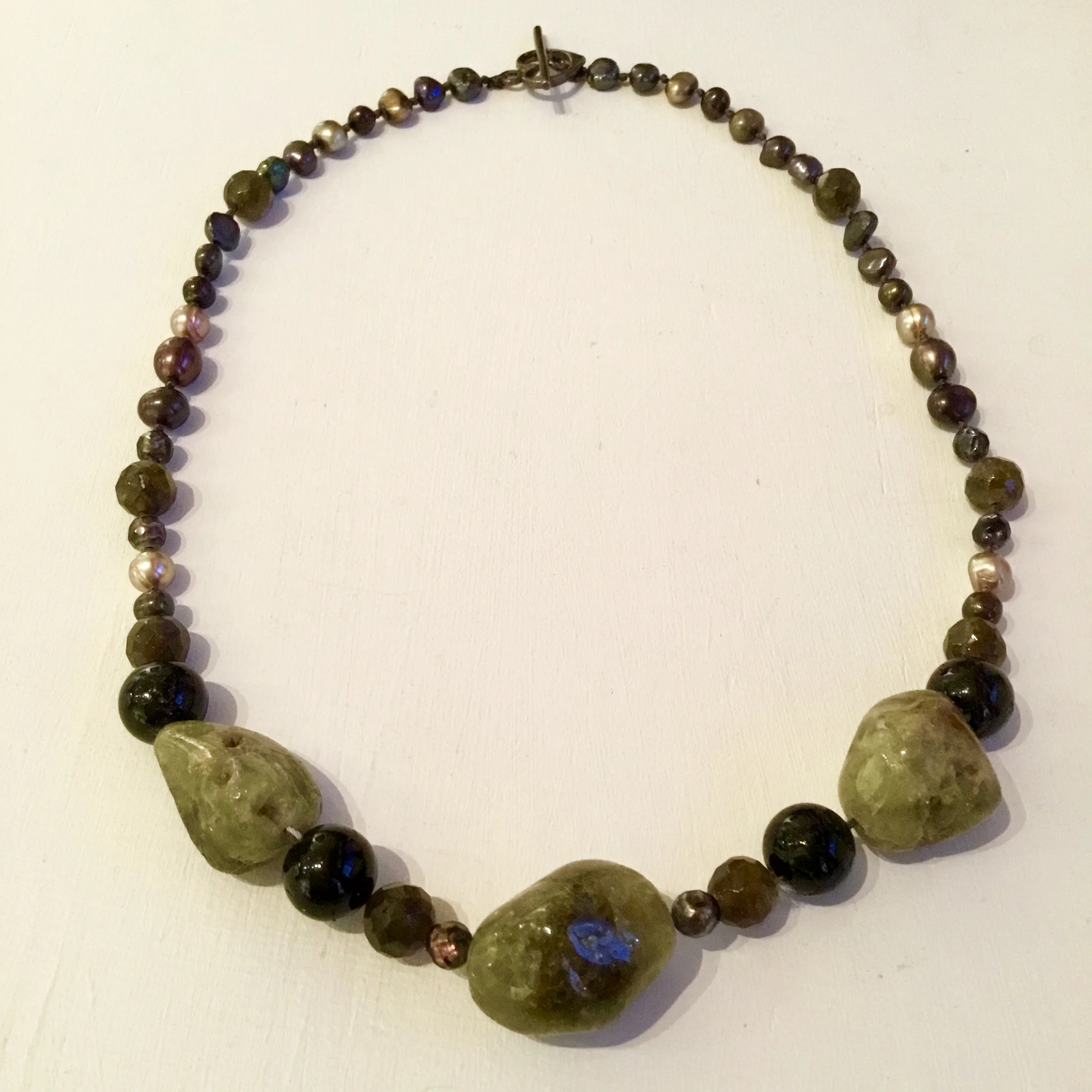 Green garnet, black tourmaline, labradorite & pearl necklace with sterling silver clasp 17 1/2”