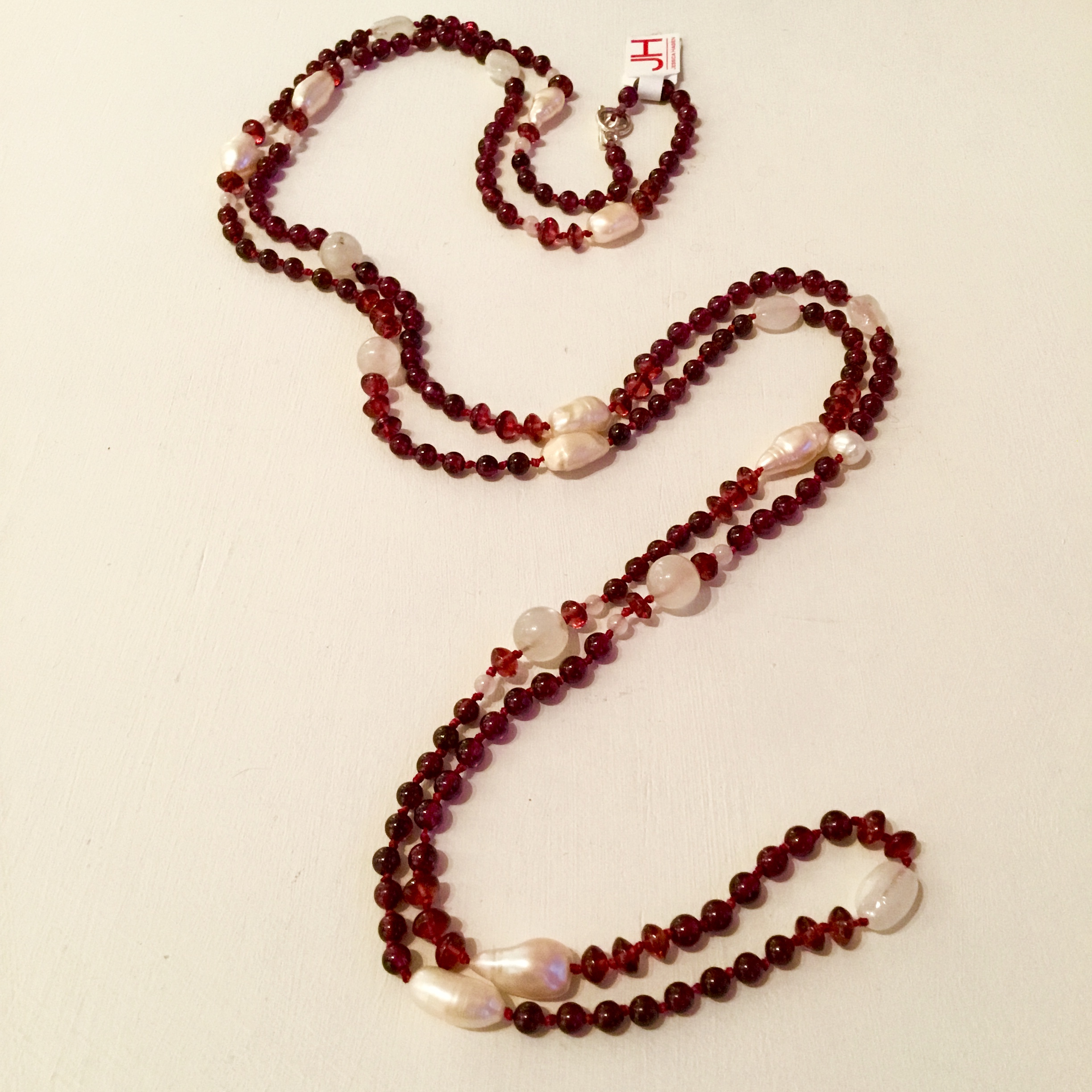 Garnet, moonstone &amp; pearl necklace with sterling silver clasp 46”