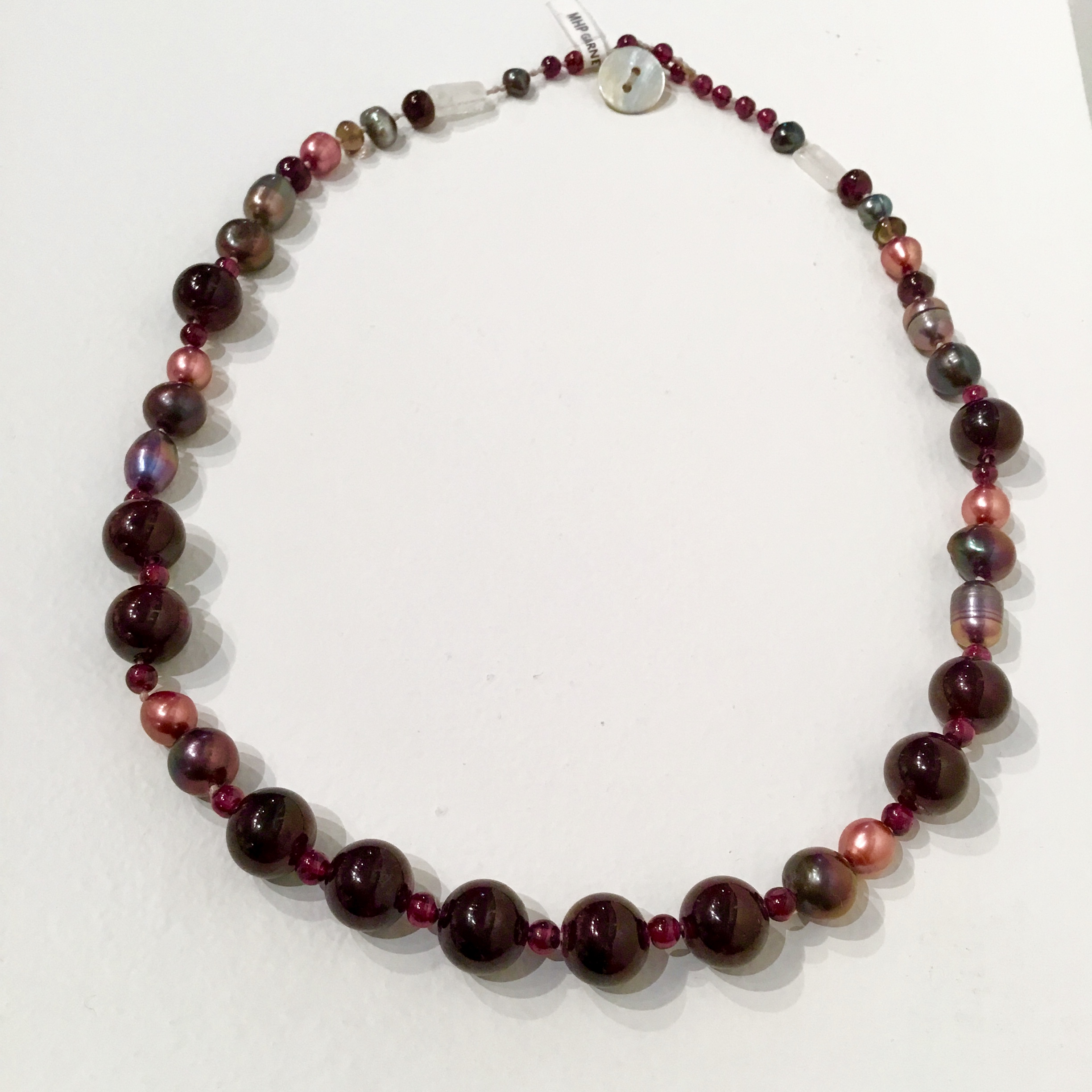 Garnet, pearl &amp; moonstone necklace with sterling silver clasp 18 1/2”