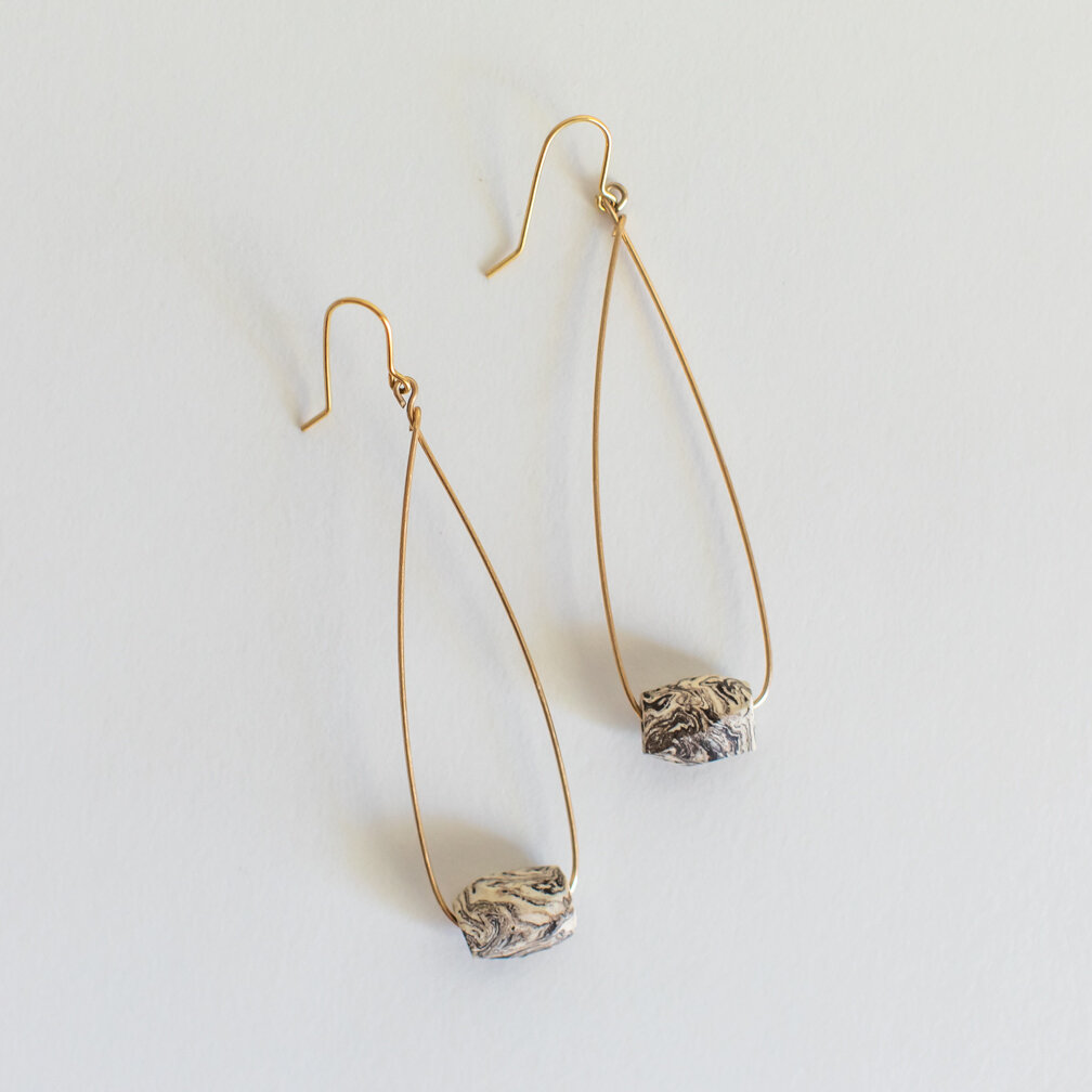  Teardrop earrings- marbled clay bead 3” long 