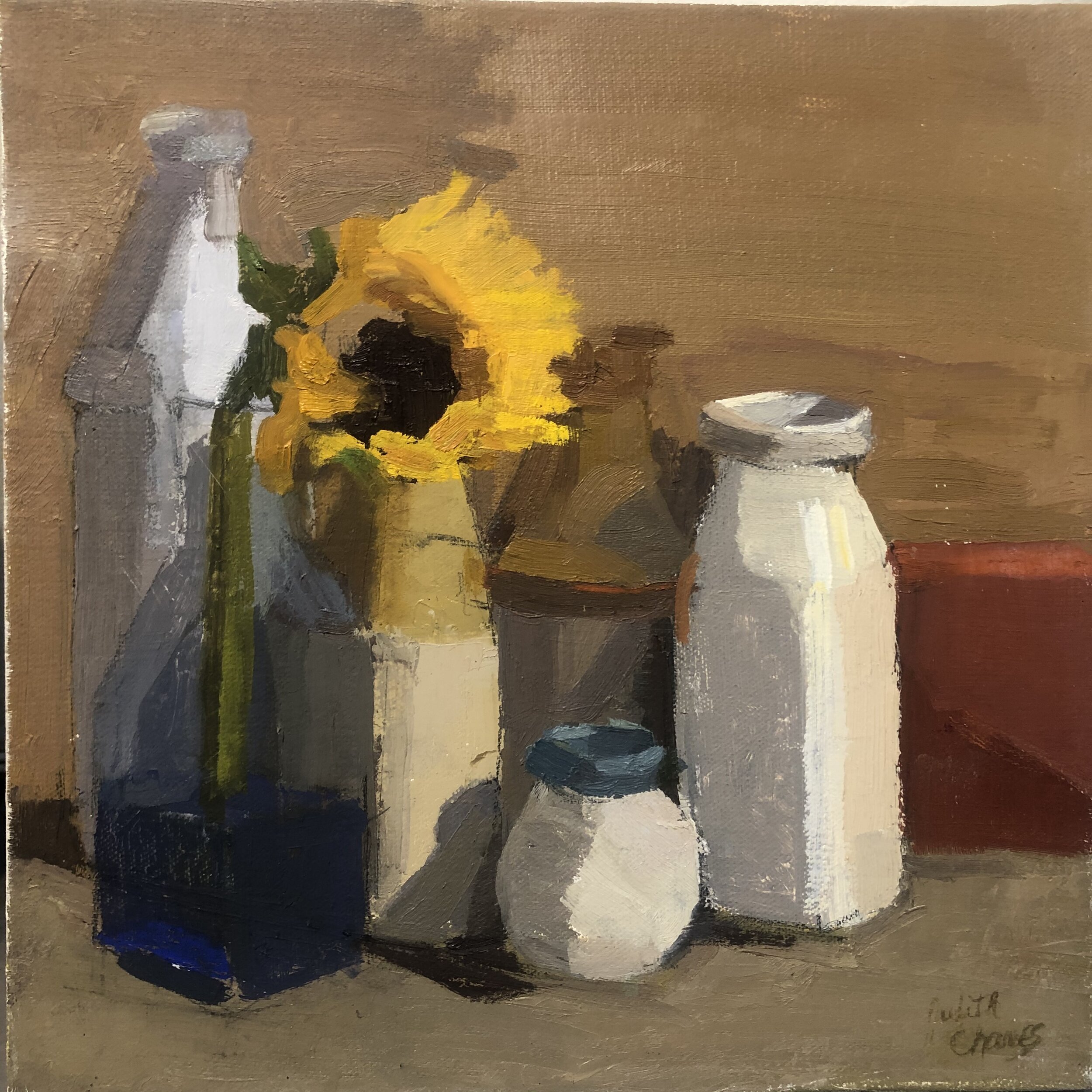 Blue Bottle with Sunflower