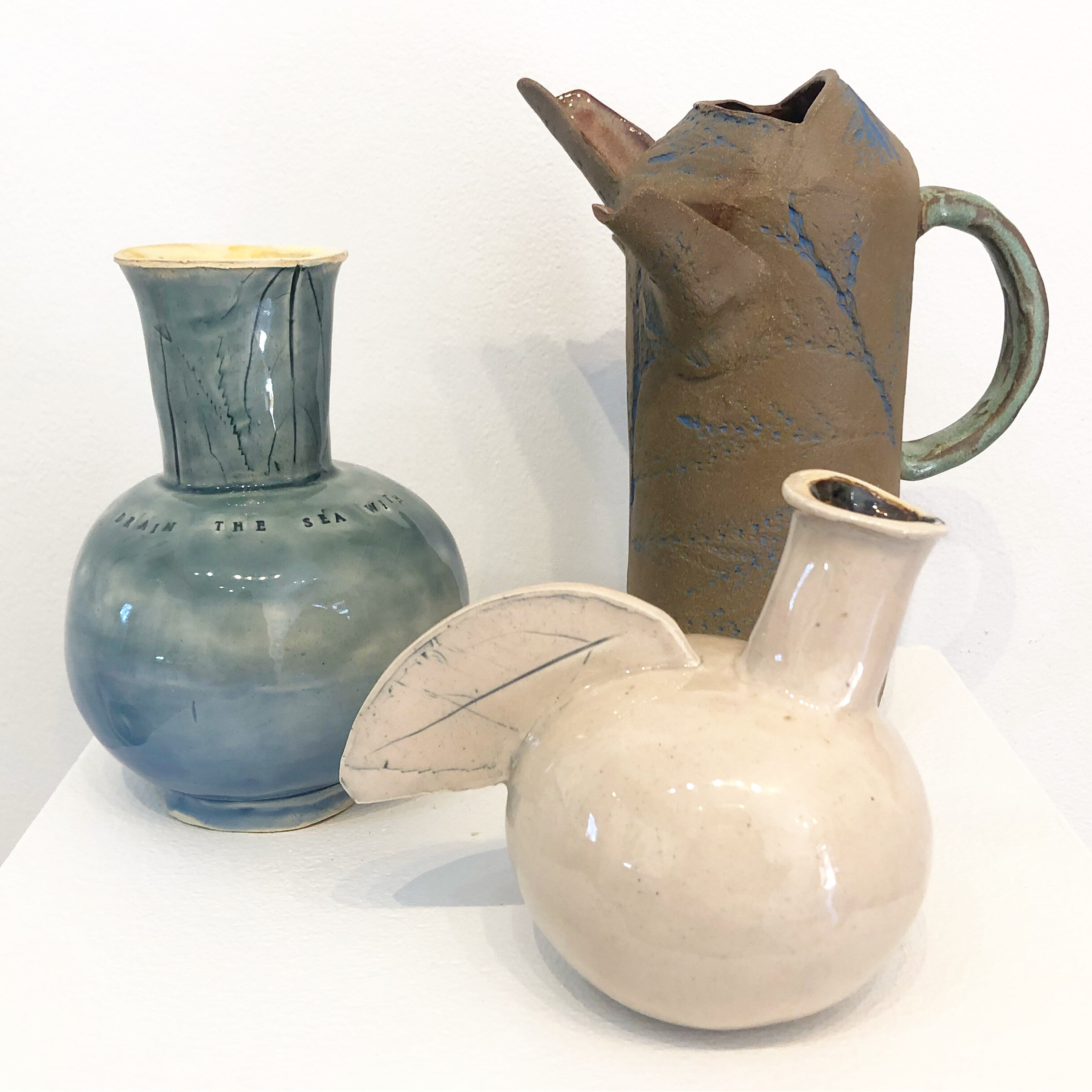 (l-r) You Can’t Drain the Ocean (SOLD), White Bird (SOLD), Three Spout Pitcher