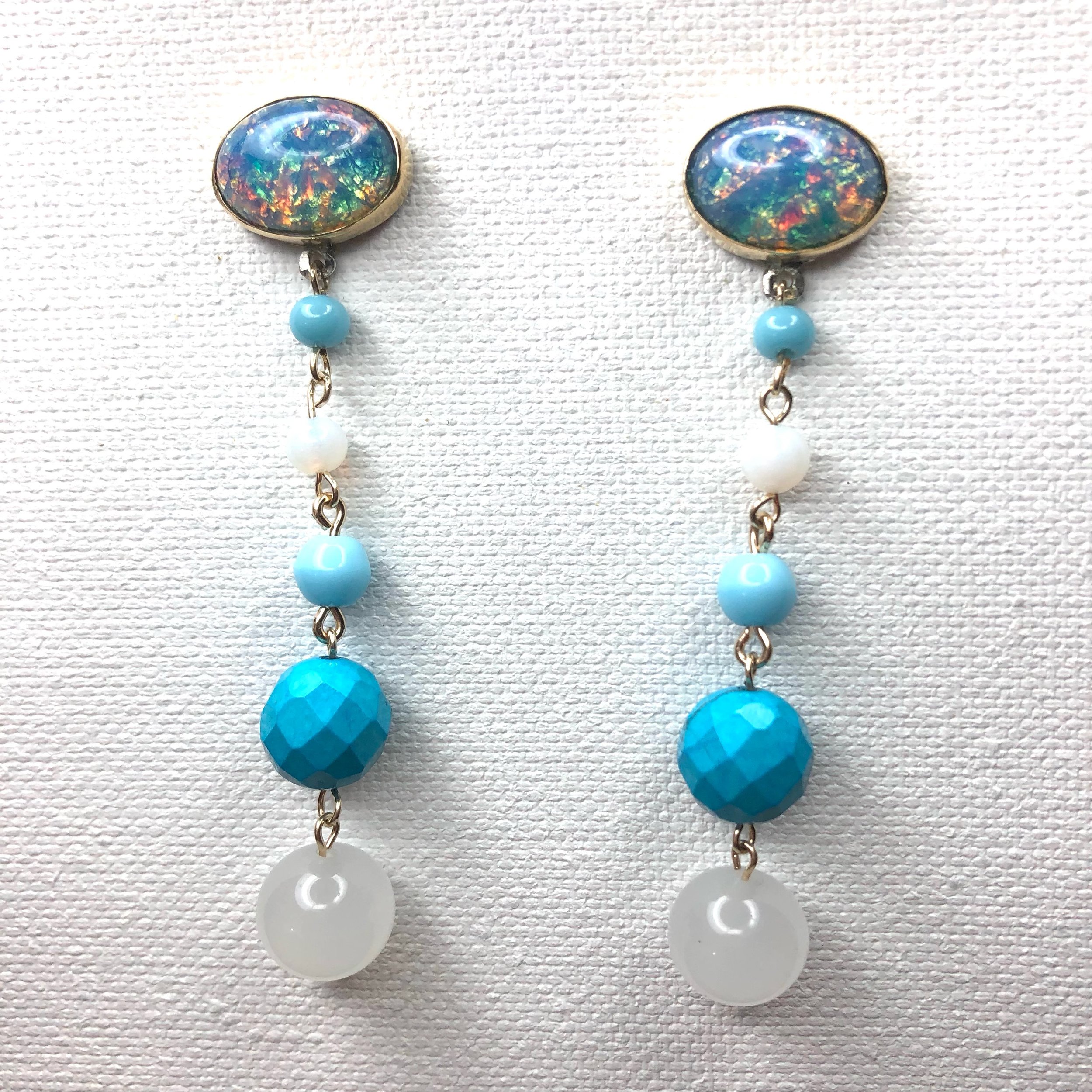 Earrings featuring vintage blue foil press glass stone, vintage glass beads, rock  crystal, turquoise, sterling silver &amp; 14k gold 