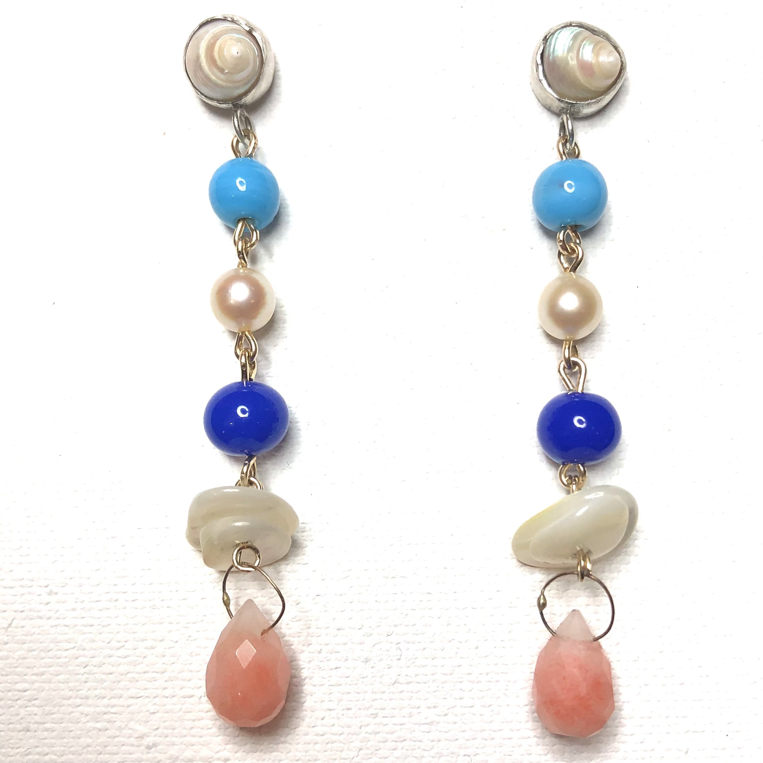  Earrings featuring mini shells, vintage glass bead, Pearl, vintage cobalt glass, mother of pearl, peach briolette 