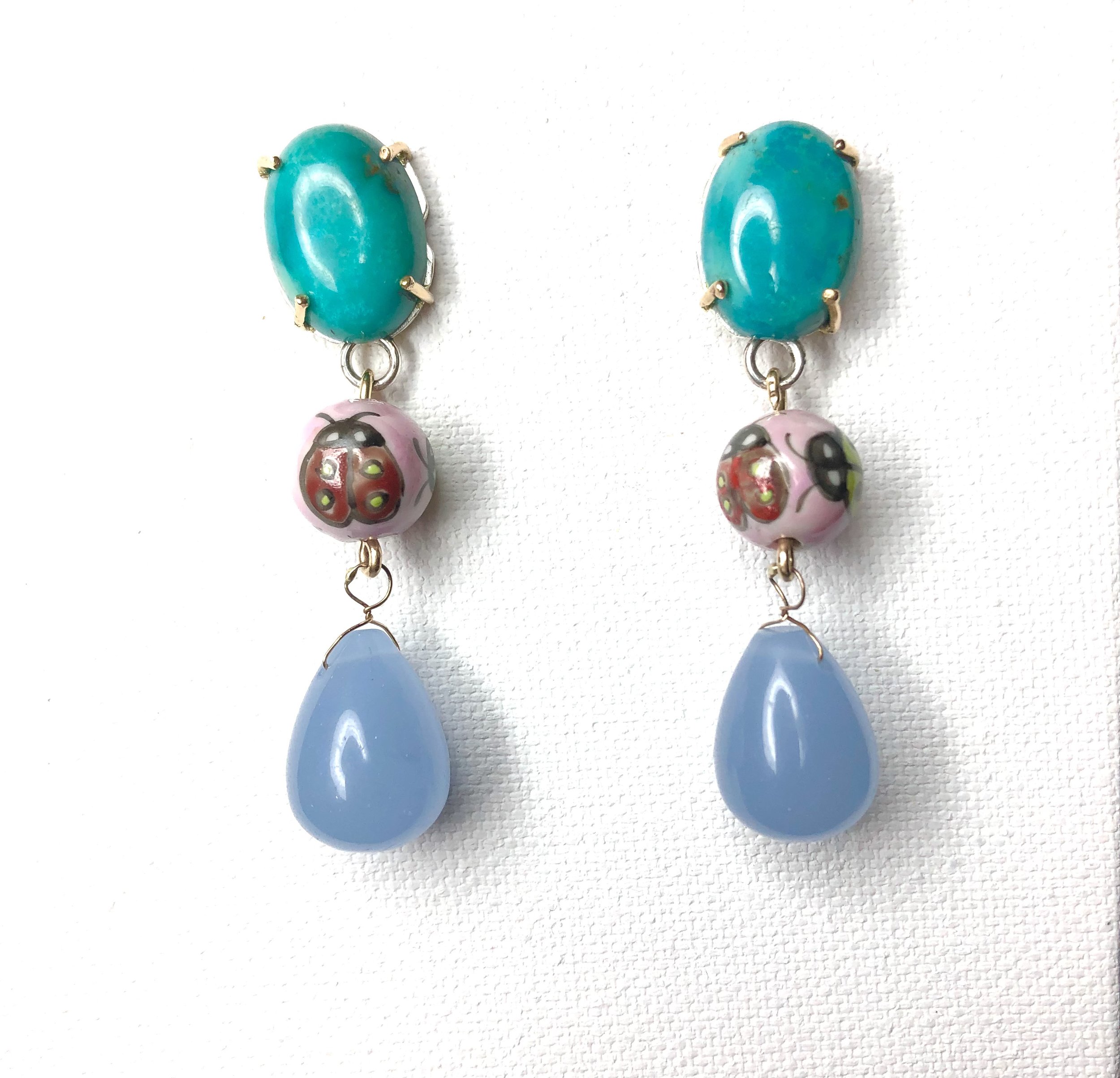  Earrings featuring green turquoise, vintage painted bead, lilac drop 