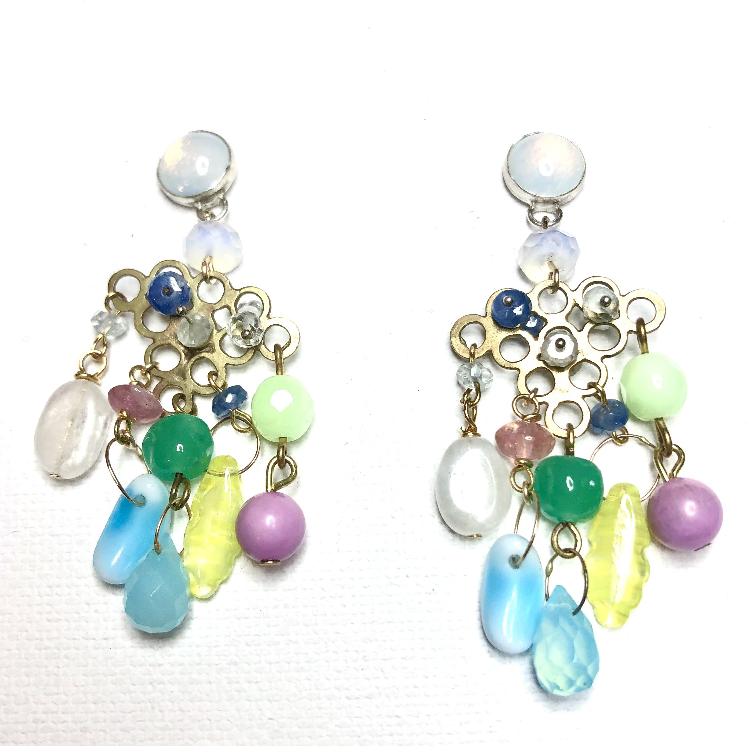  Pale rainbow chandelier cloud earrings featuring a collage of vintage glass stone, sapphire, rhodonite, German glass chip beads, chalcedony, moonstone, sterling silver &amp; brass 