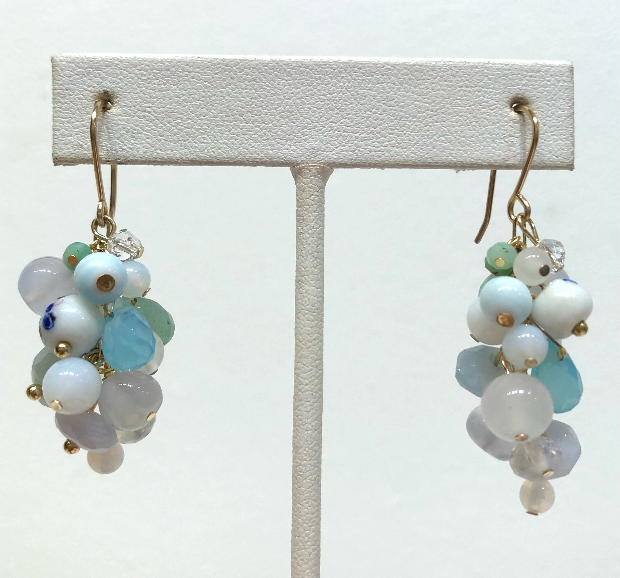  Cluster tonal white rainbow earrings featuring moonstones, rock crystal, chalcedony, green chalcedony, amazonite, antique glass beads, 14k gold fill 