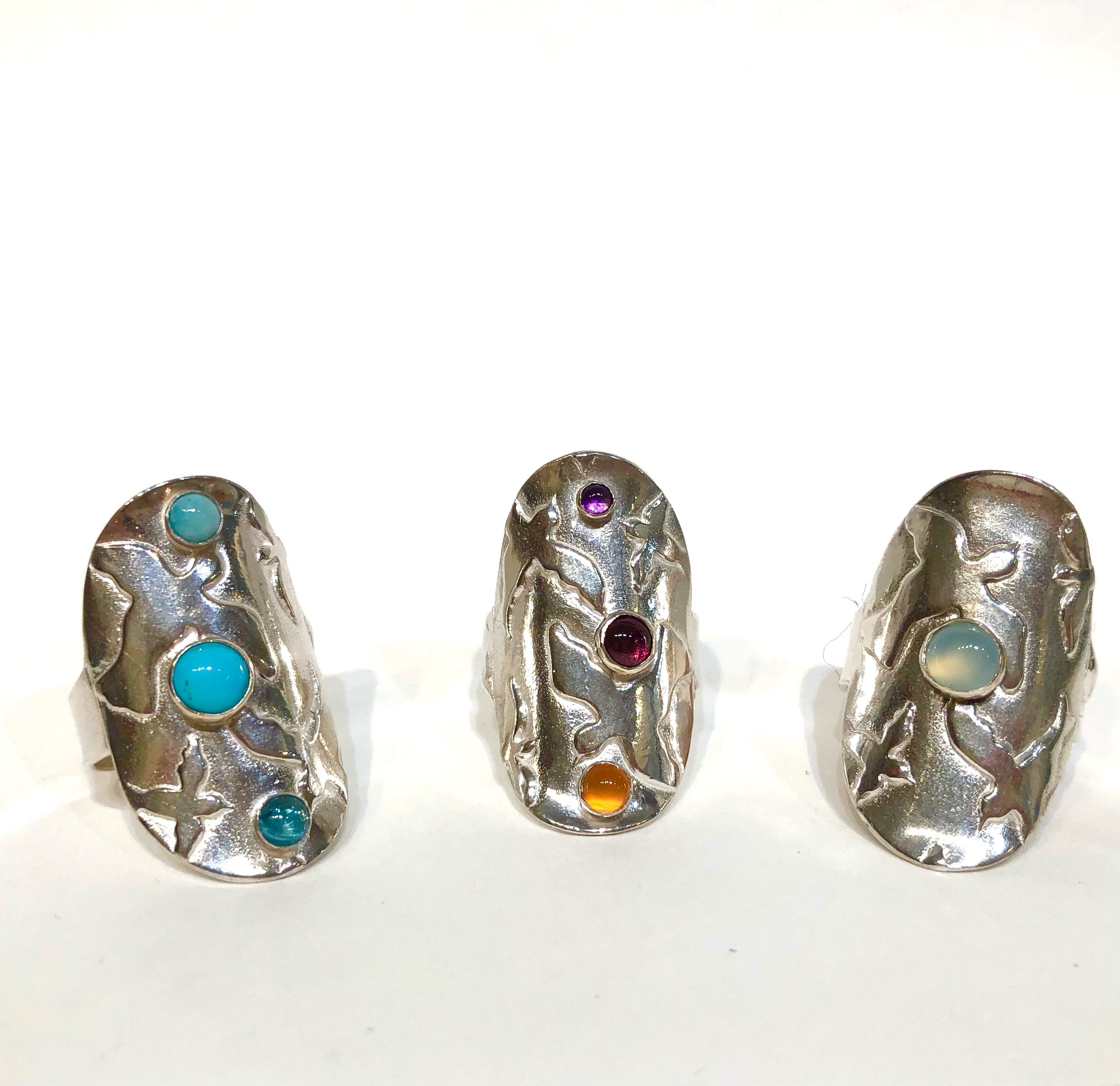  Sterling silver Shield rings with assorted semiprecious gem stones 