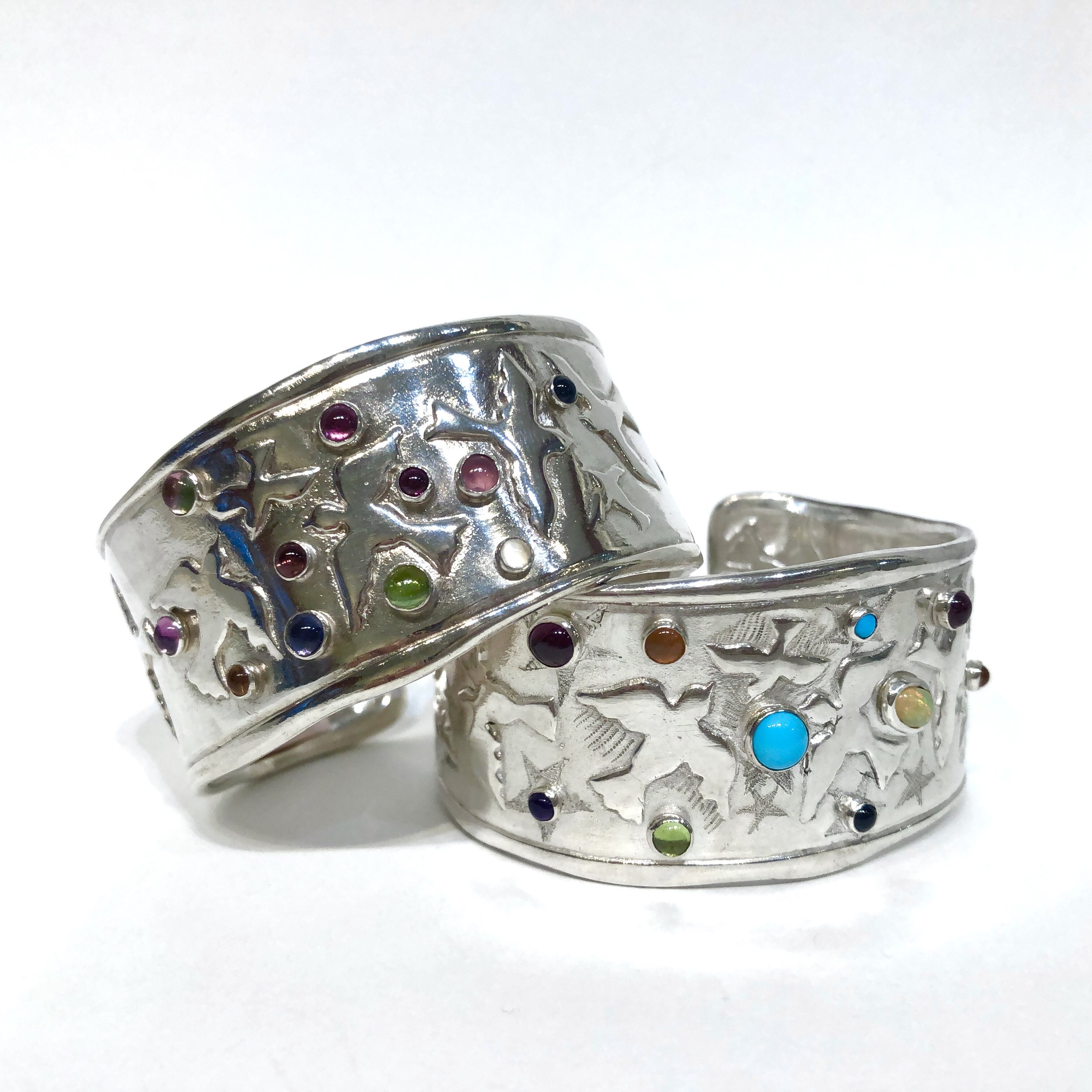  Rainbow Sprinkle cuff bracelets, Sterling silver and semiprecious gemstones 