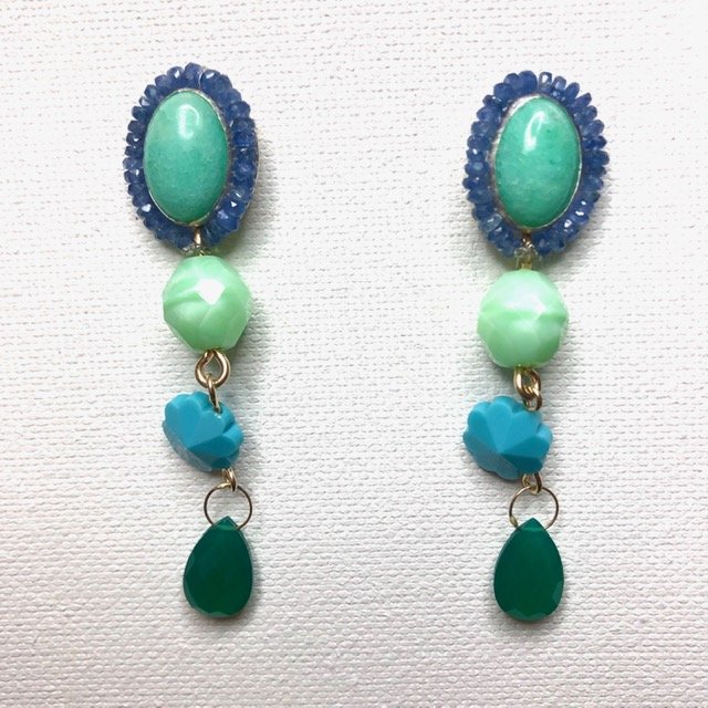  Earrings featuring green amazonite, tanzanite, vintage bead, vintage Swarovski flower, green onyx, sterling silver &amp; gold fill wire 