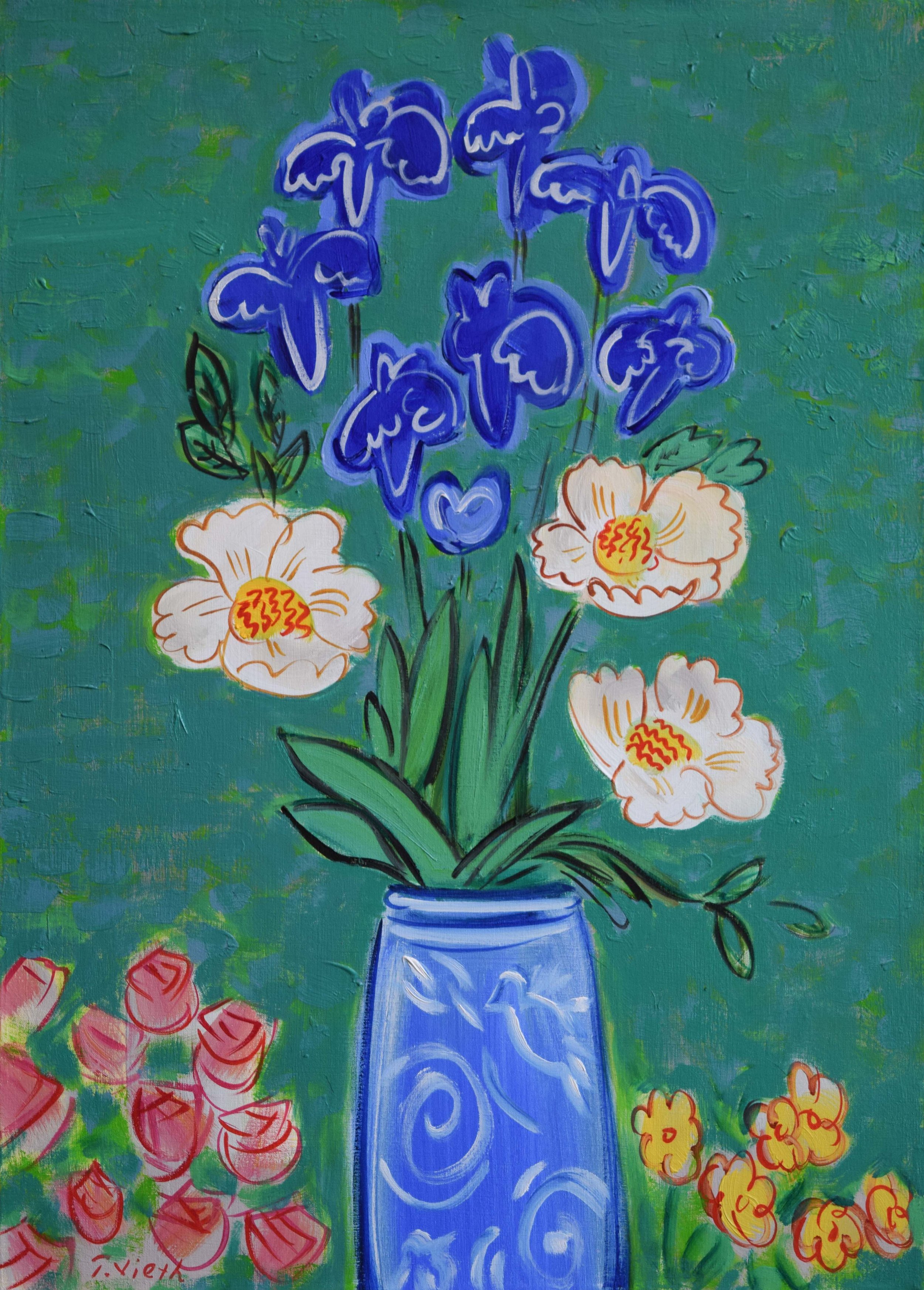 Bird Vase with Irises and Peonies