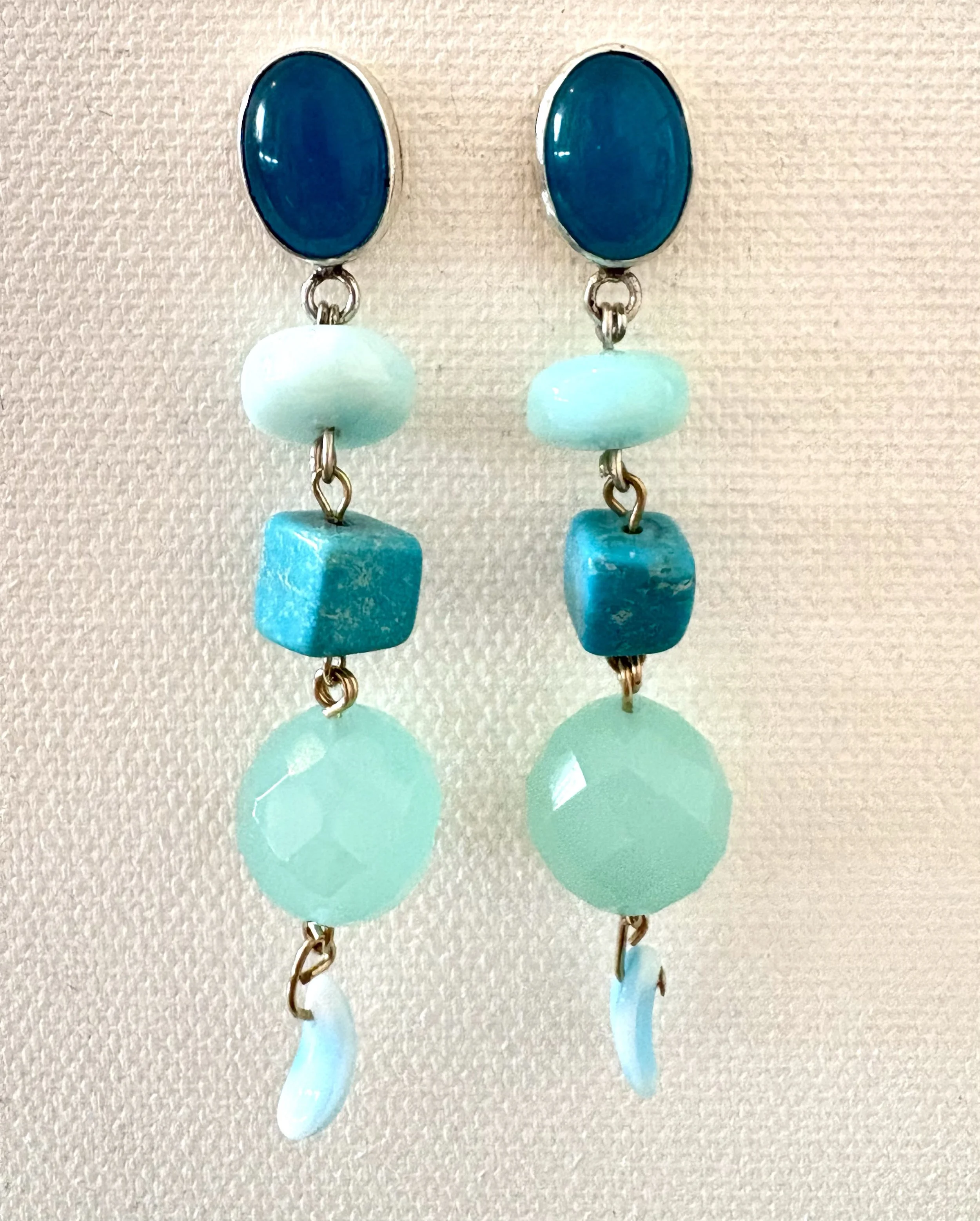  Blue onyx, Peruvian opal, turquoise, chalcedony, glass chip, gold fill and sterling silver 2 1/4” long 