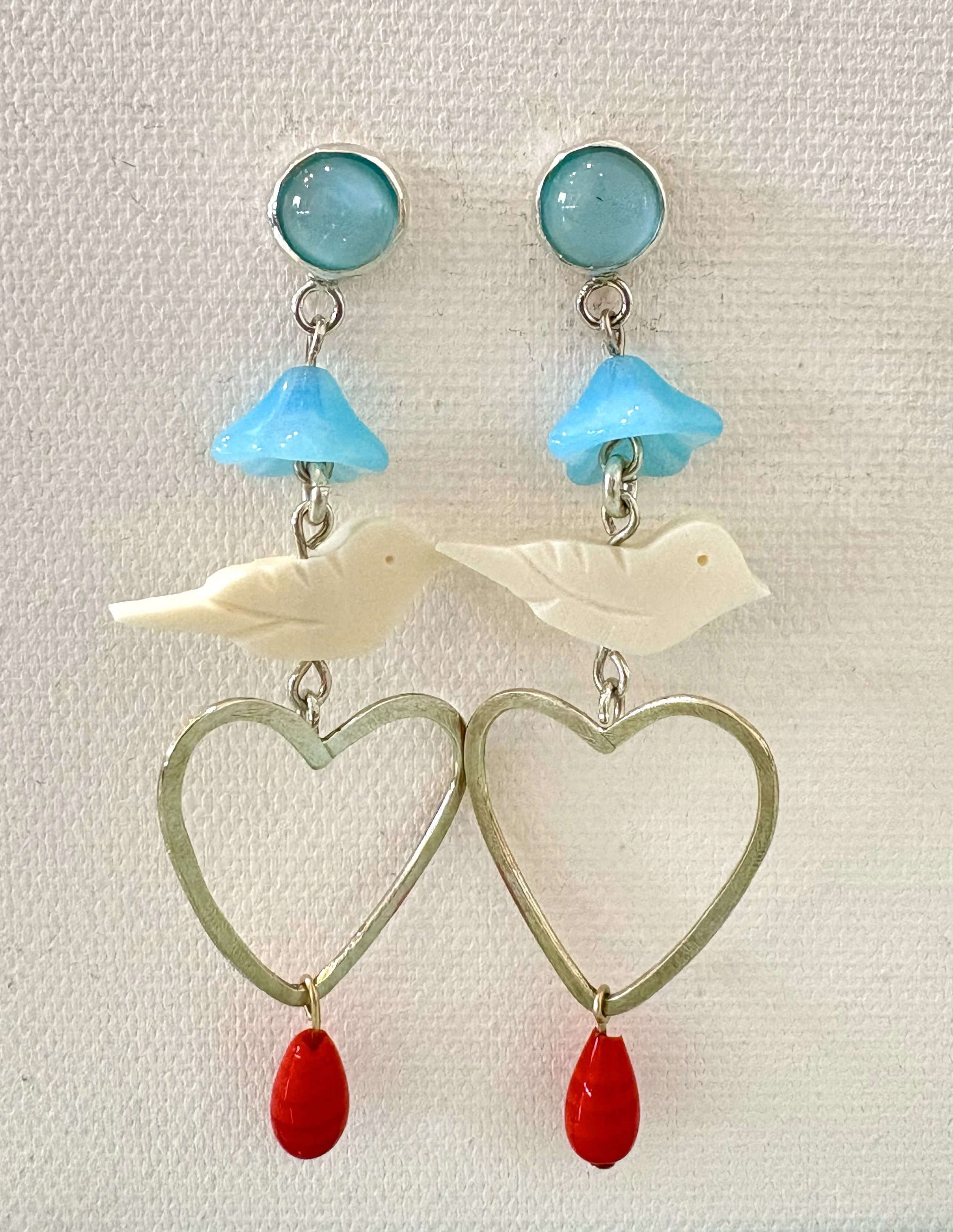  Blue vintage glass, vintage milky blue tulip bead, bird bead, red swirl glass bead, sterling silver 3” long 