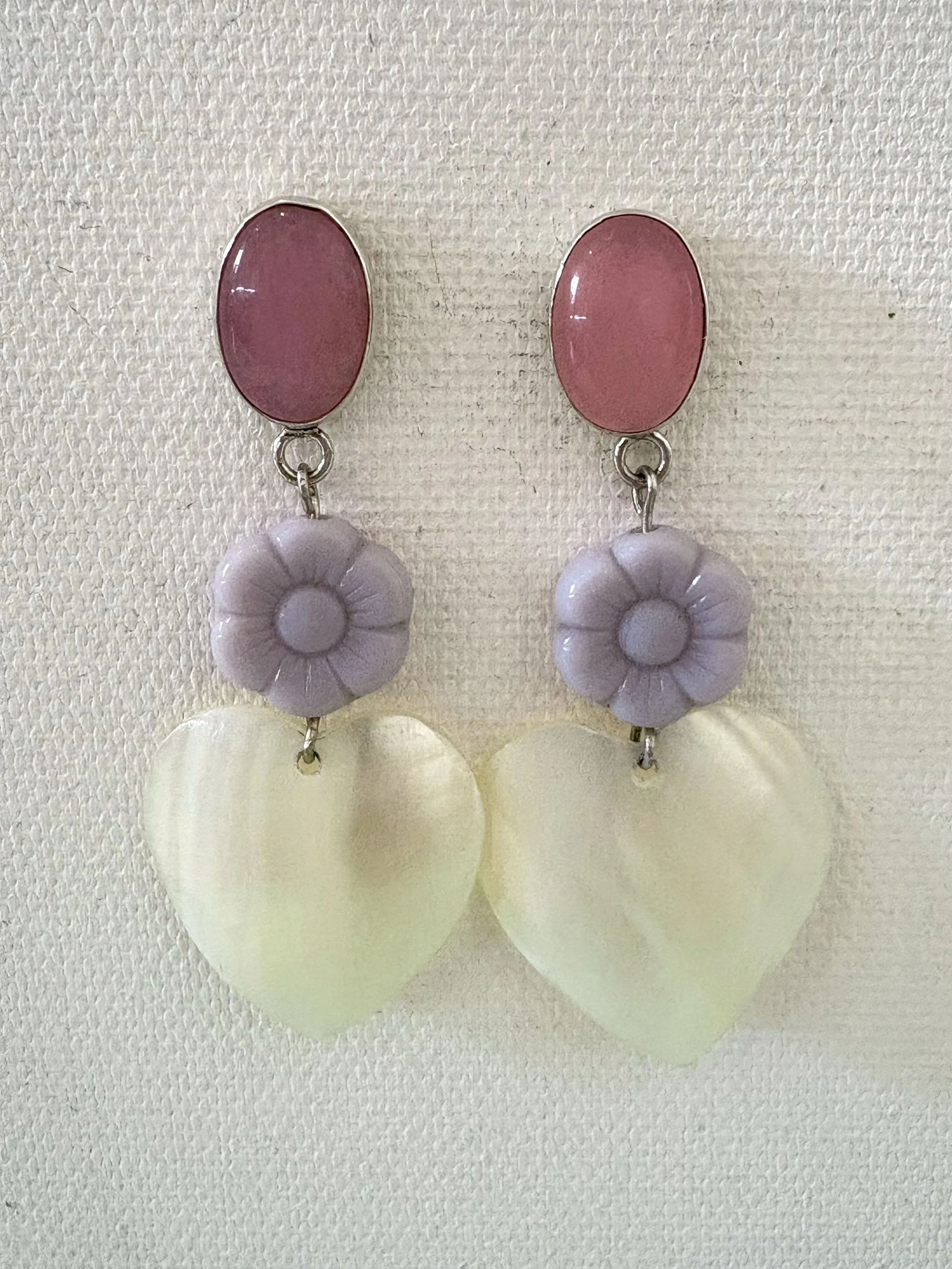  Pink quartz, vintage lilac pressed glass flower bead, shell heart, sterling silver and gold fill 2 3/4” long 