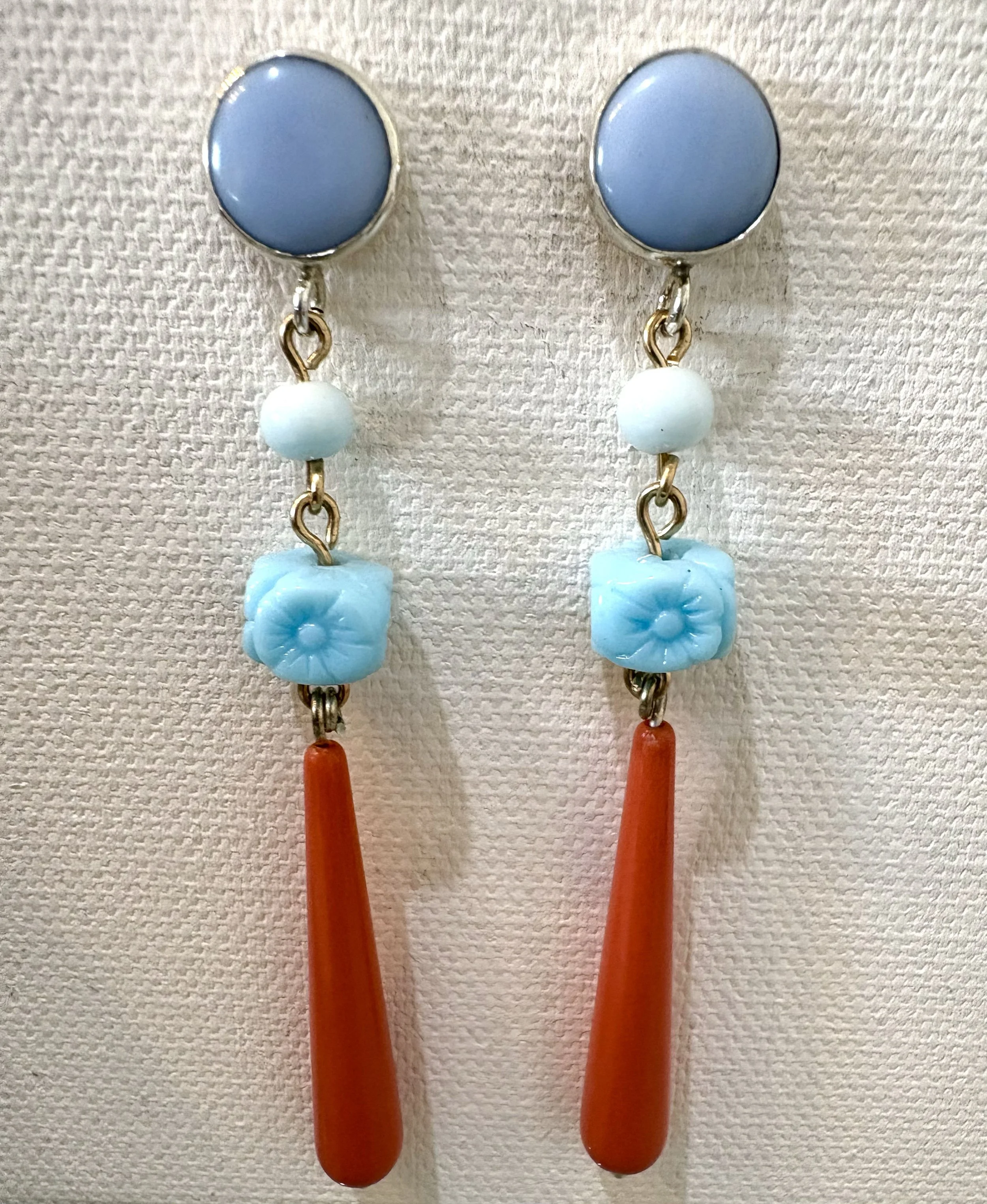  Linear cornflower vintage glass, pressed blue glass cube bead, vintage coral, sterling silver and gold fill 3” long 
