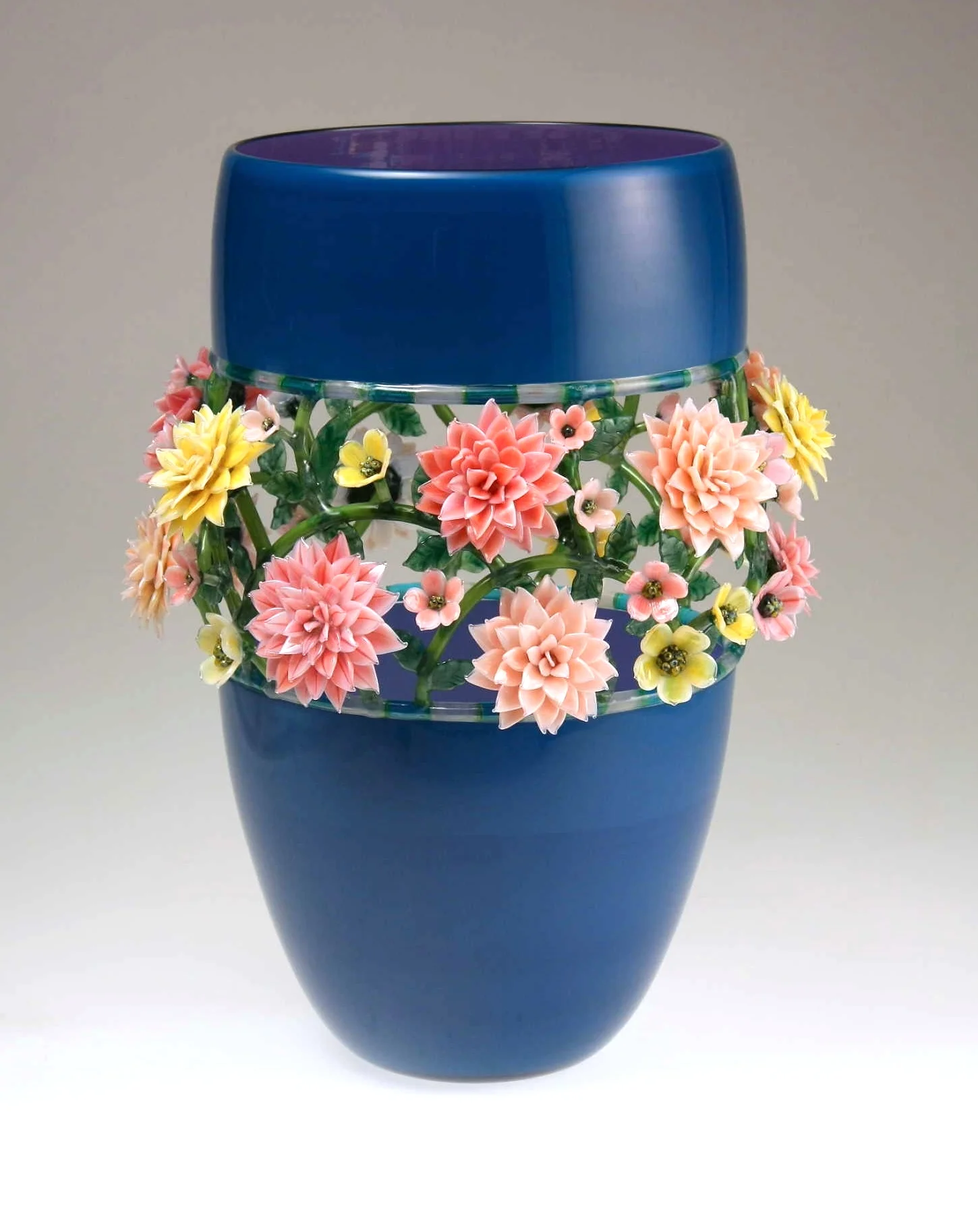 Blue with Violet Interior and Pink and Yellow Mix of Flowers