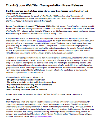 TitanHQ.com WebTitan Transportation Press Release