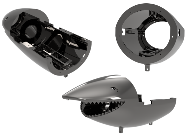  Figure 6: Shark body is comprised of the cosmetic head, and the top and bottom shells. The bottom shell connects the tail and head of the robot and is the mounting point of the pressure hull