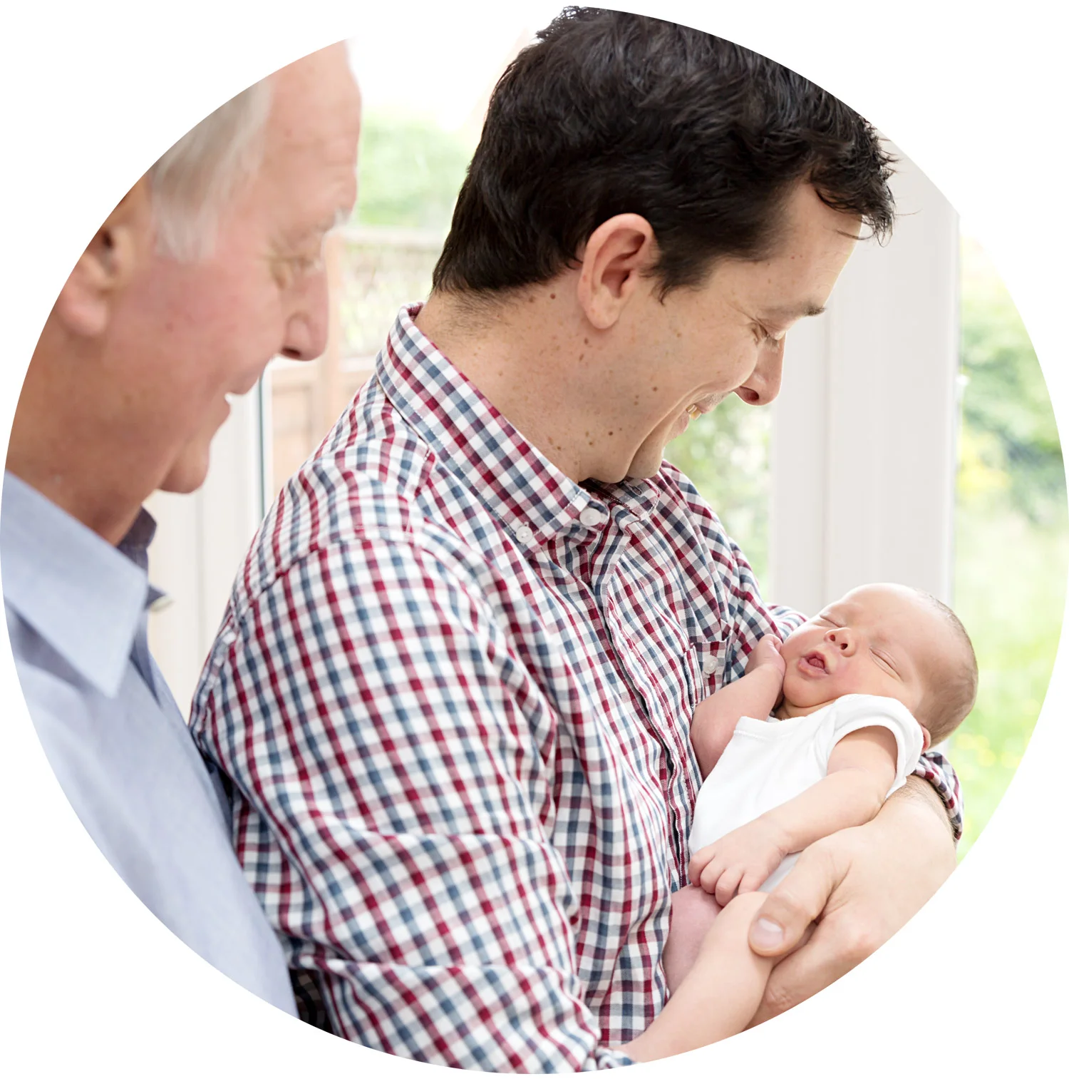 newborn baby, dad and grandad-together as three generations. 