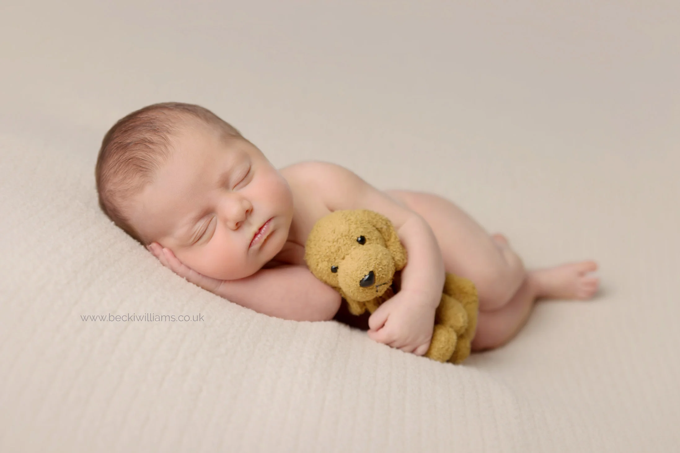 newborn girl laying asleep on her side cuddling a toy dog.