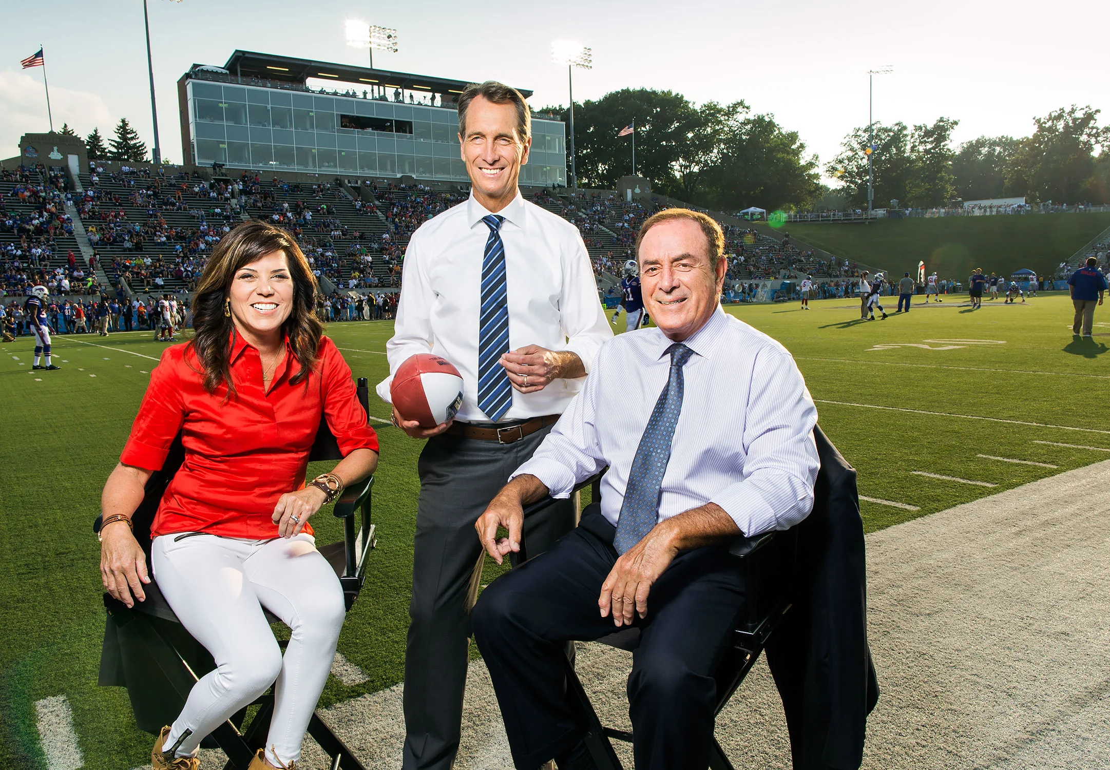 Al Michaels, Cris Collinsworth and Michelle Trafoya, NBC Sunday Night Football team