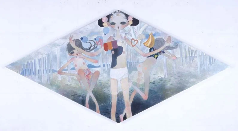 "The ideal future: bristling water columns connect clouds and ocean" 2011 Acrylic on canvas / Acrylique sur toile 70 1/2 inches x 11.8 feet / 179 x 357,6 cm Unique