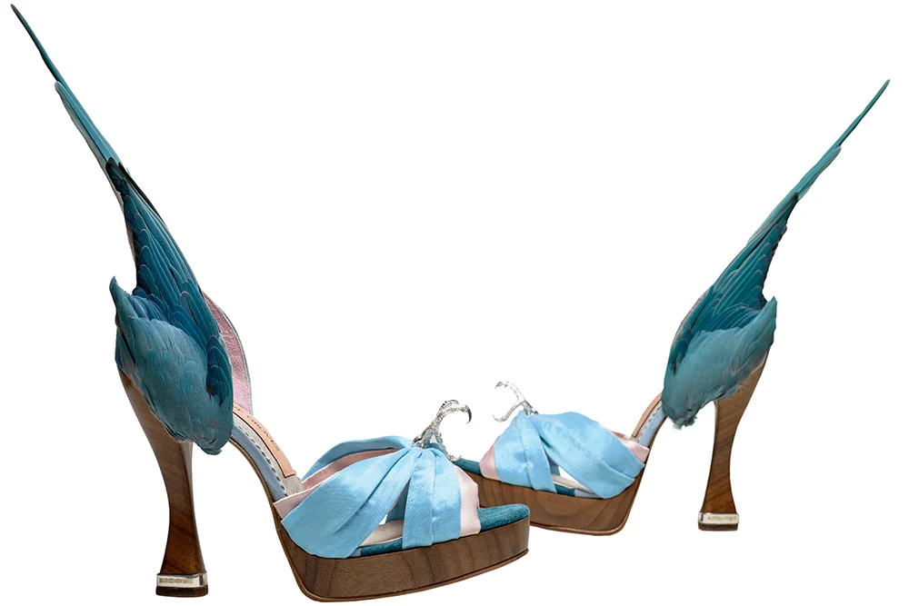 Caroline Groves (b.1959) ‘Parakeet’ shoes Leather, silk satin, solid silver talons and heel tips, and feathers England, 2014. Photography by Dan Lowe