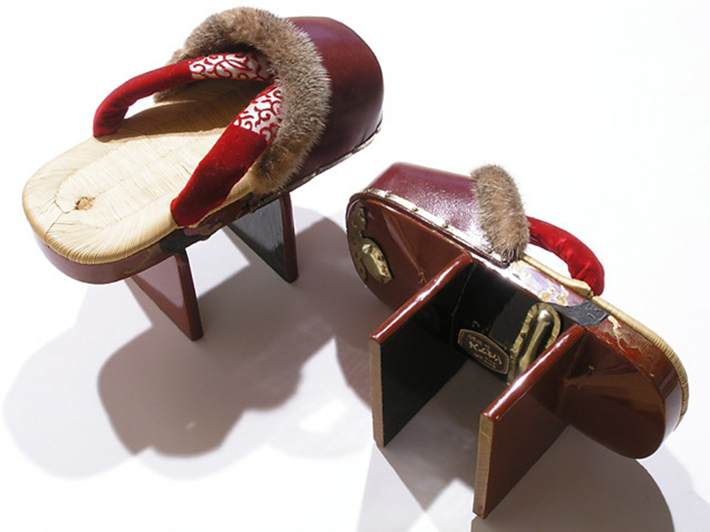 Two-teethed geta, About 1920, Japan, Lacquered wood, silk,, rabbit fur, grass and metal, V&A: FE.11:1, 2-2015