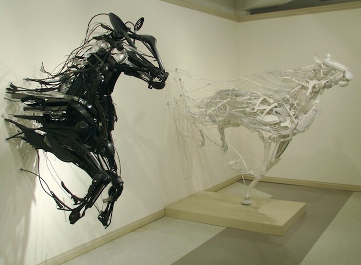 Sayaka Kajita Ganz created these wild horse sculptures from trash-picked objects like plastic utensils, toys, and metals. She says, “By building these sculptures I try to understand the human relationships that surround me. It is a way for me to contemplate and remind myself that even if there is conflict right now, there is a way for all the pieces to fit together.”