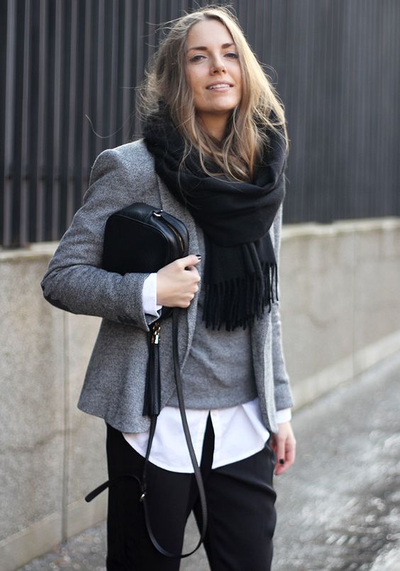 You can't go wrong with a chunky black scarf over grey layers can you?