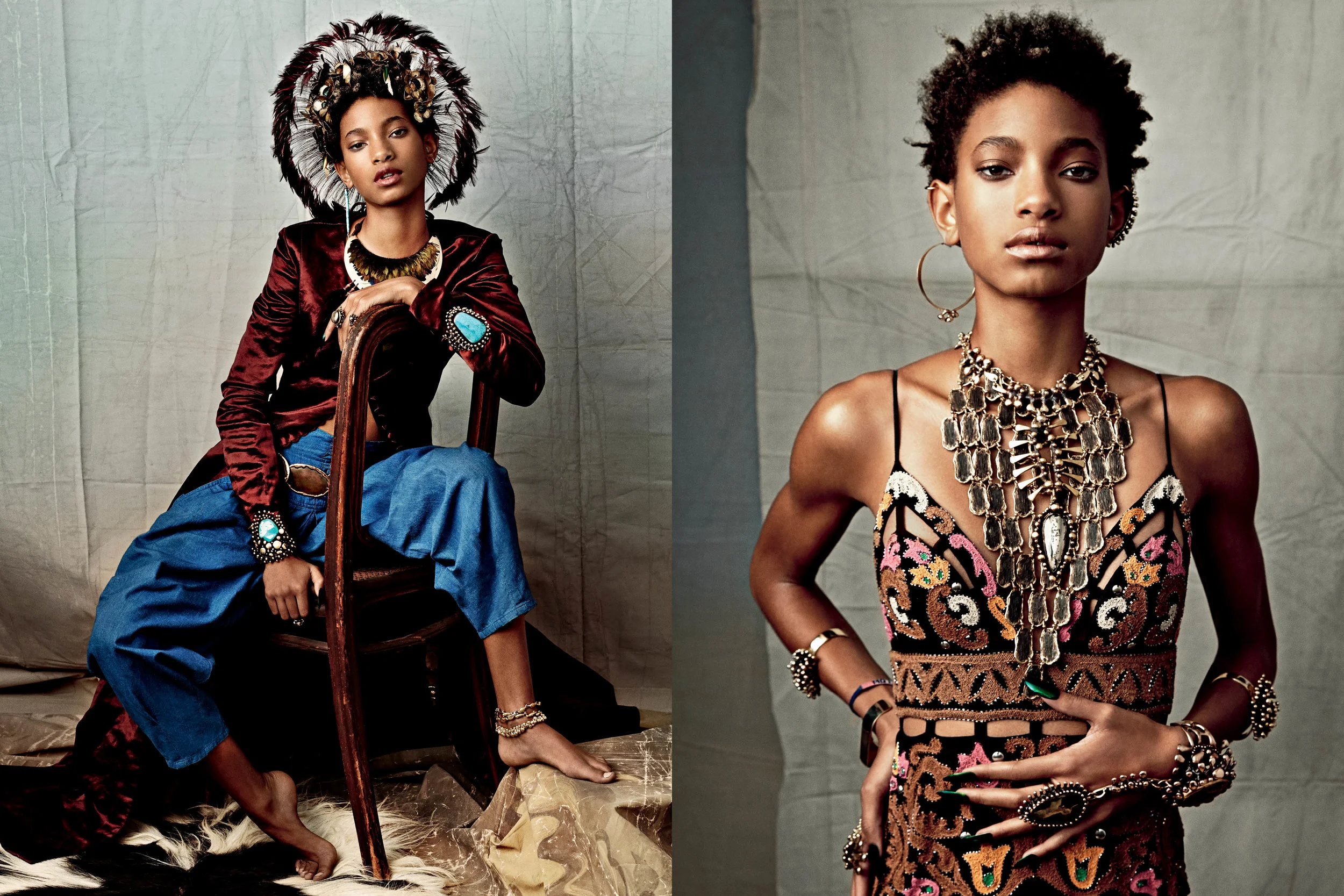 From Left: Coat Dior , pants Scout L.A., headdress Stacia Lang, belt Lisa Eisner, ring (middle finger, her left) Lisa Eisner for Tom Ford , dress Emilio Pucci , bracelets (on forearms) Lisa Eisner for Tom Ford , on eyes Tom Ford Eye Color Quad in Golden Mink