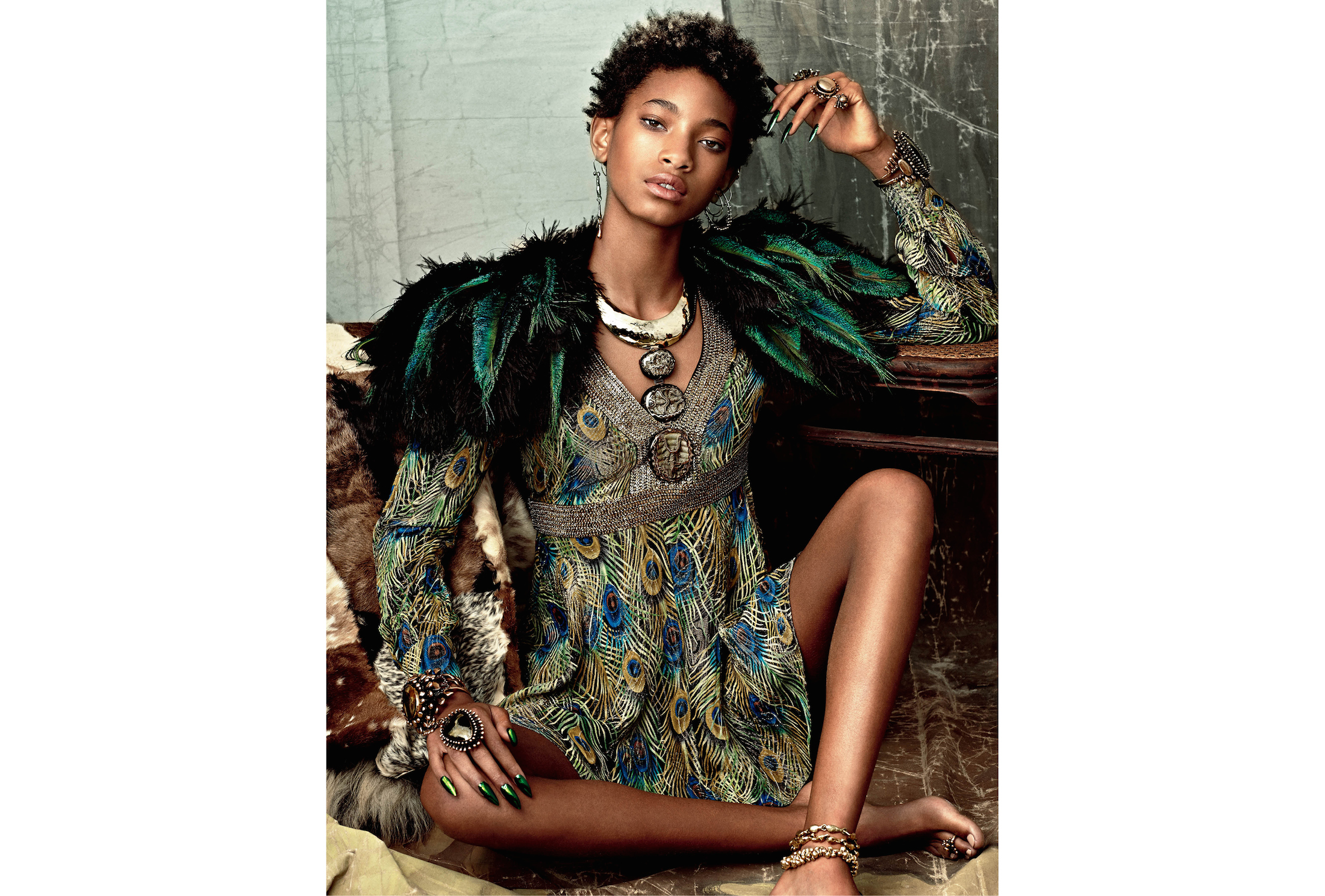 Willow Smith wears dress Saint Laurent by Hedi Slimane, capelet Stacia Lang, jewelry (throughout) Lisa Eisner, ring (ring finger, her left) Lisa Eisner for Tom Ford 