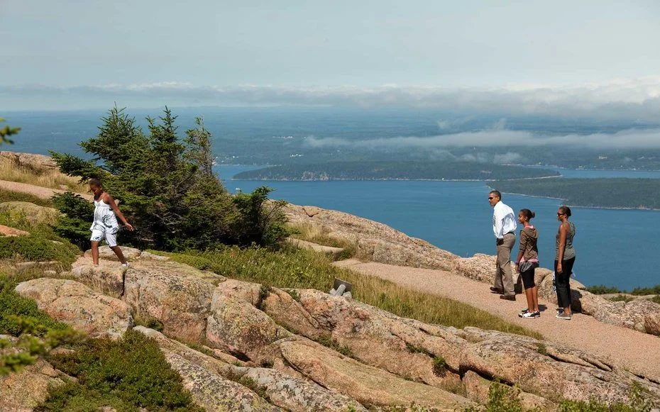 Acadia National Park, Maine Obama hikes along Cadillac Mountain with his family at Acadia National Park in Maine.
