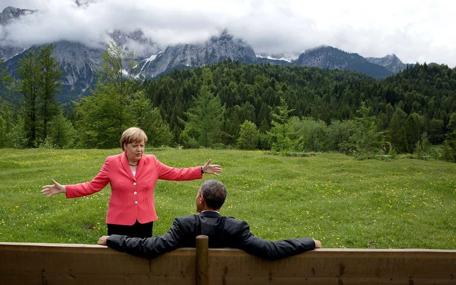 Krun, Germany Angela Merkel joins Obama in what appears to be an intense conversation with the most scenic of views.